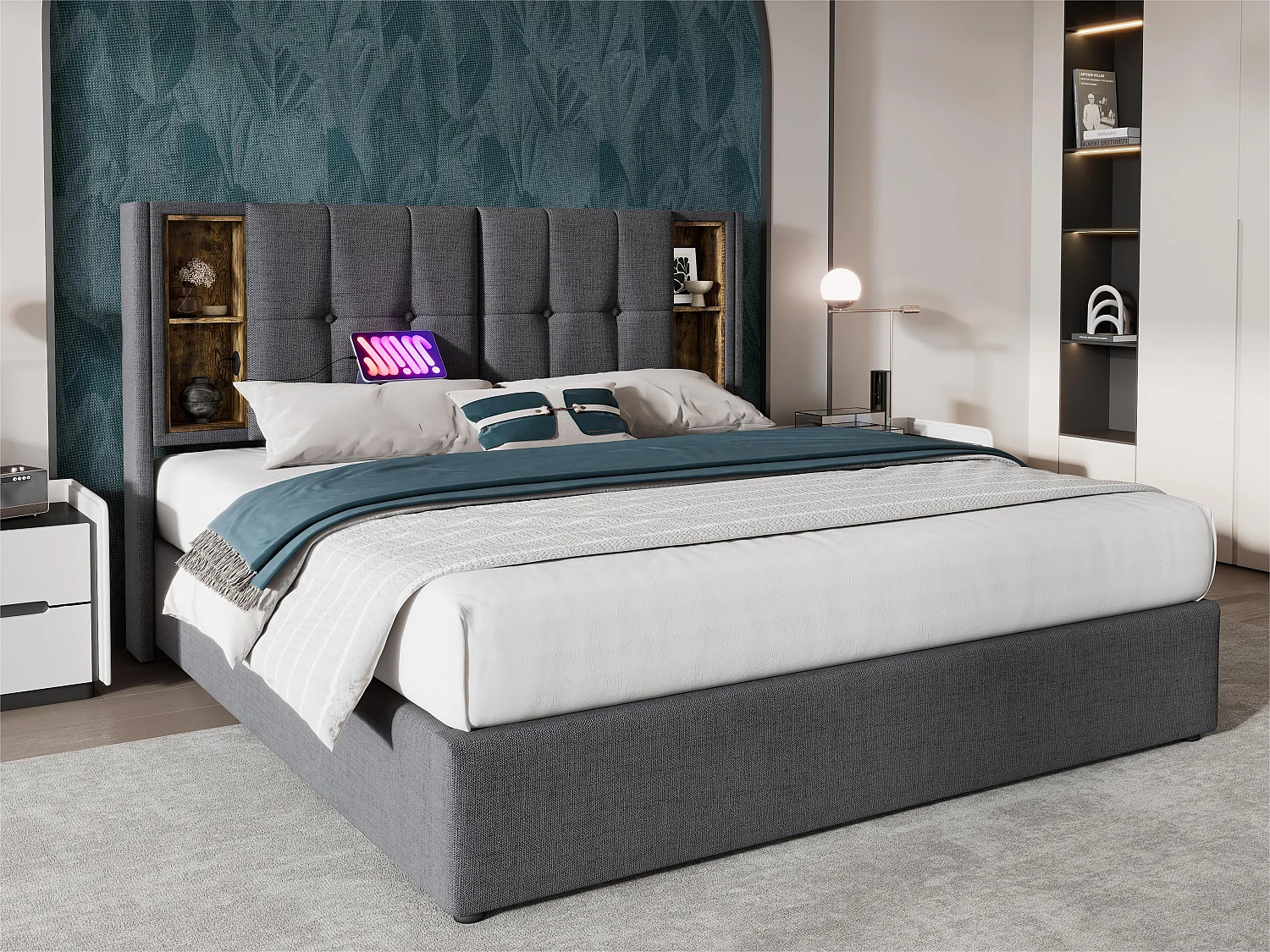Łóżko z tapicerowanym stelażem 160x200 cm - z ładowaniem bezprzewodowym i schowkiem - materiał bawełniany - Szary 3038966 - obrazek 1