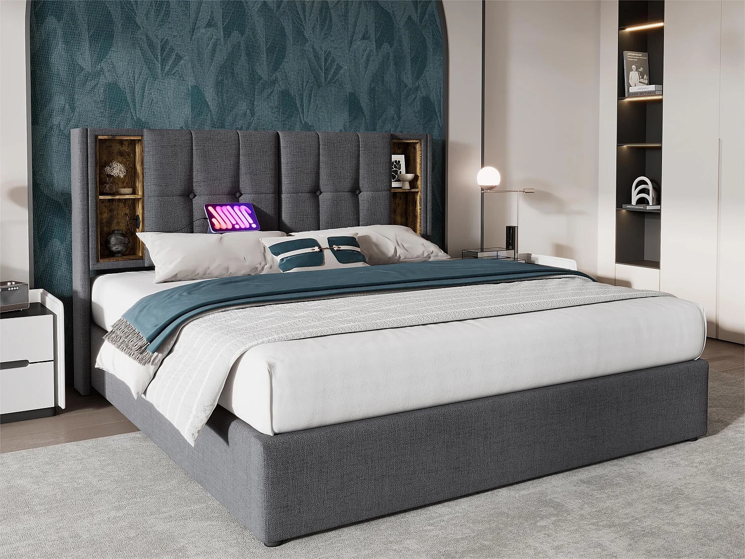 Łóżko z tapicerowanym stelażem 140x200 cm - z bezprzewodowym ładowaniem i schowkiem - materiał bawełniany - Szary 3038967 - obrazek 1