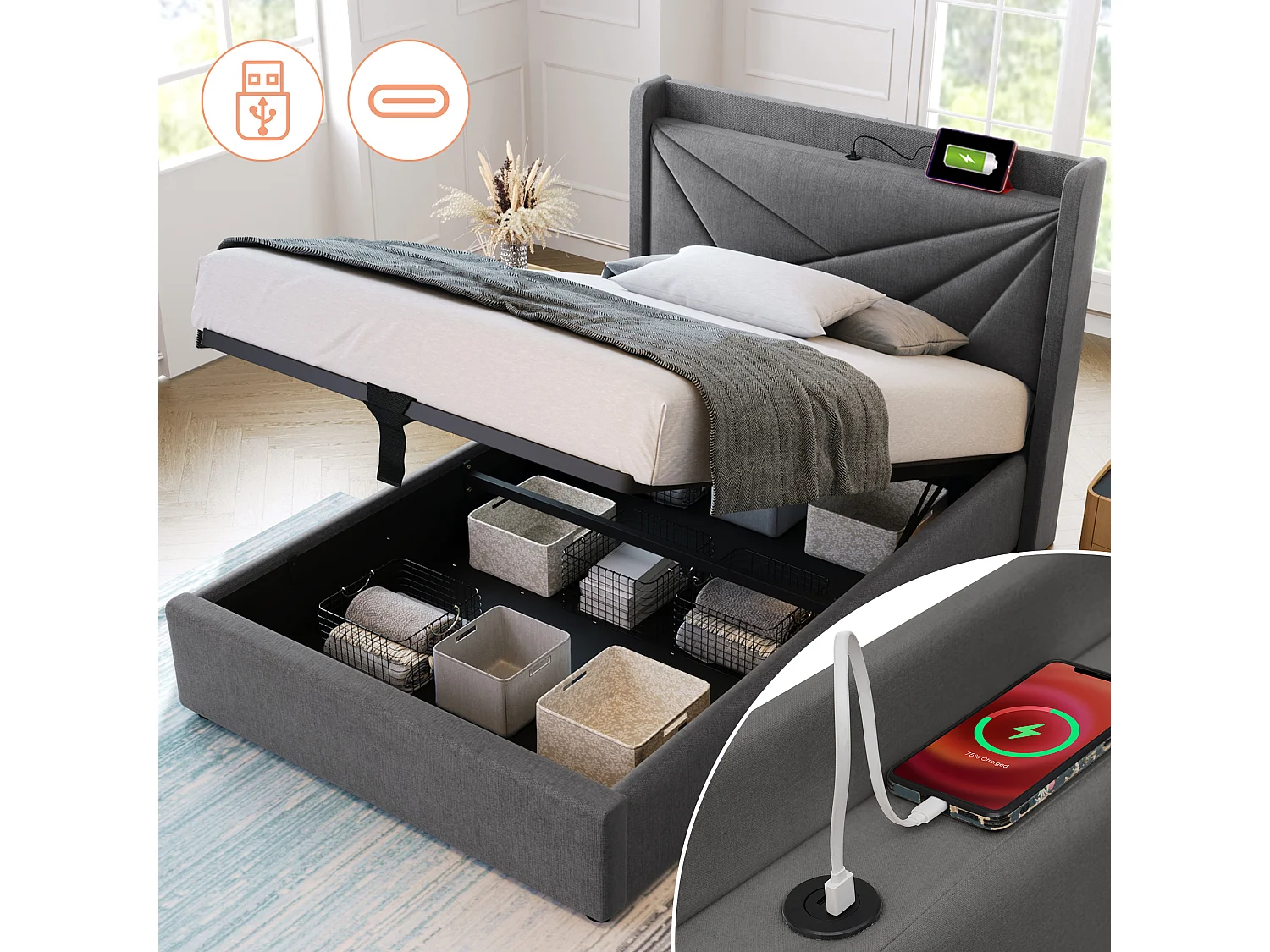 Łóżko ze schowkiem 90 x 200 cm z zagłówkiem - USB + typ C - tkanina lniana - szare 3039971 - obrazek 1