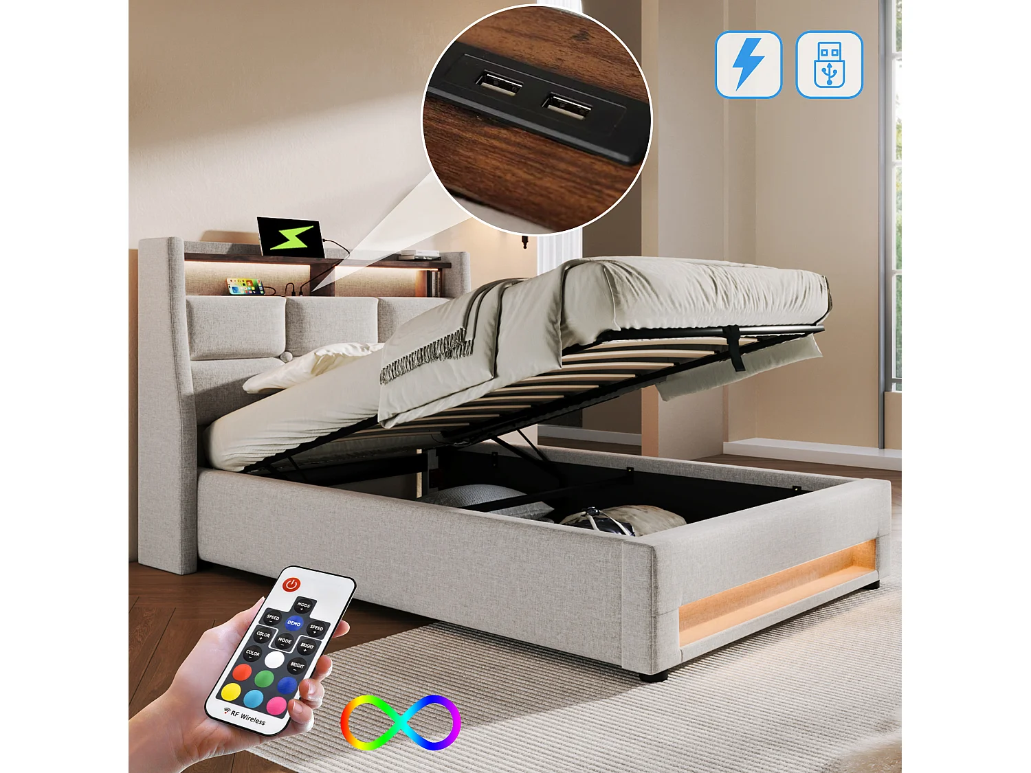 Łóżko ze schowkiem 90 x 200 cm - beżowy len - Łóżko dziecięce z portem USB i oświetleniem LED - metalowa rama - bez materaca 3061976 - obrazek 1