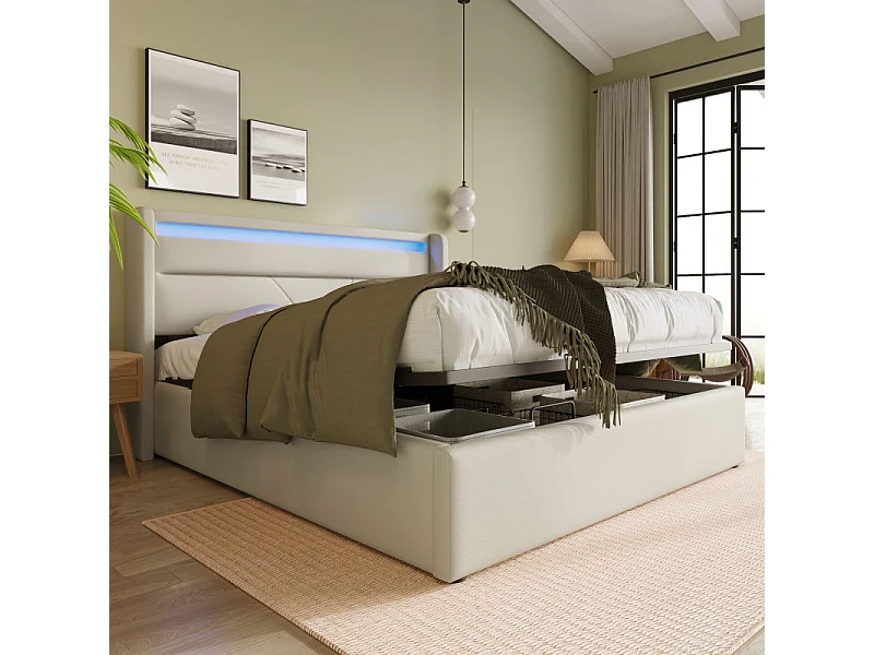 Łóżko ze schowkiem 160 x 200 cm - Biały PU - Łóżko z regulowanym oświetleniem LED - Stelaż z listew - Bez materaca 3062024 - obrazek 1