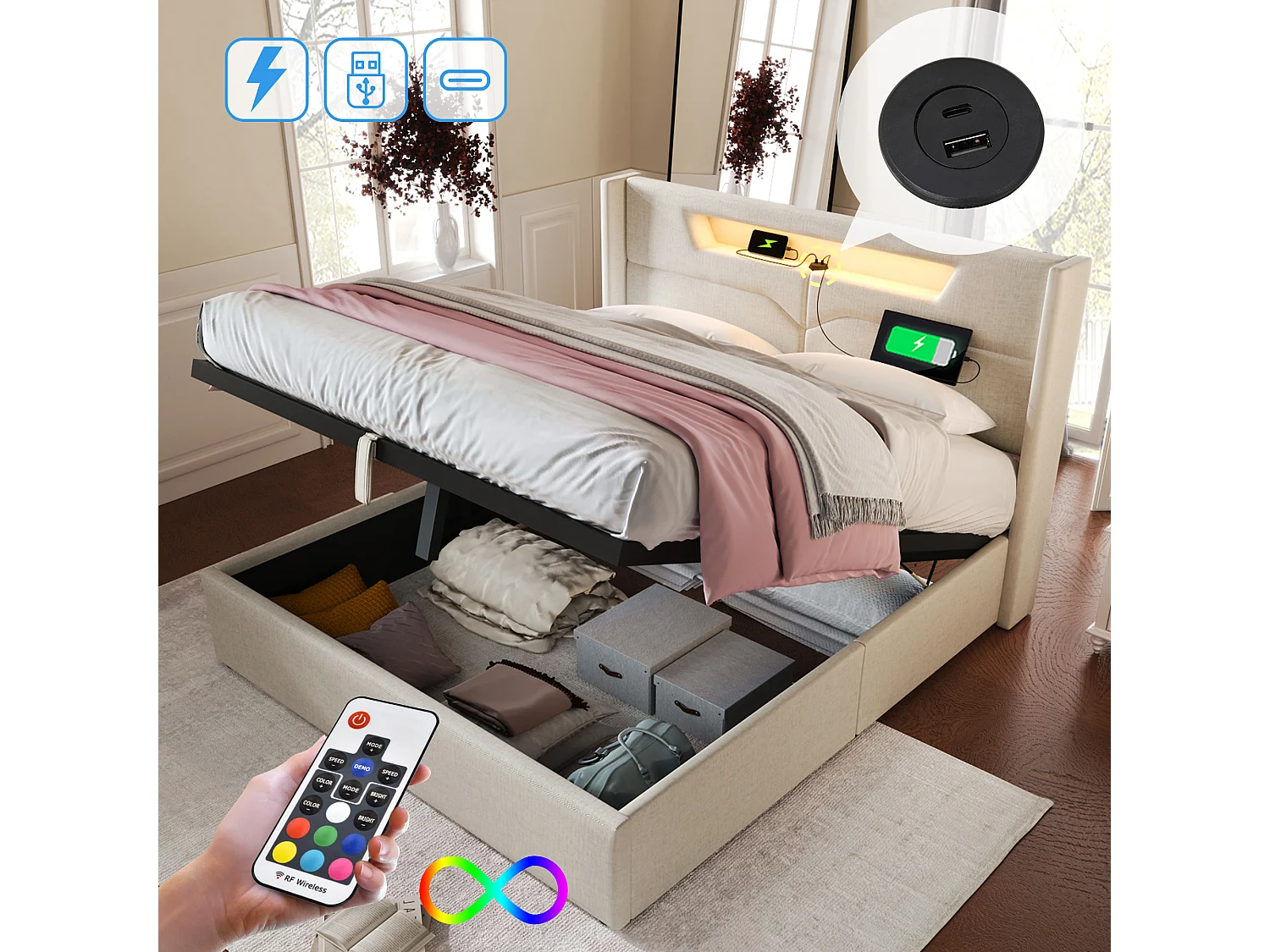 Łóżko ze schowkiem 160x200 cm - beżowy len - łóżko dla dorosłych z funkcją ładowania przez USB i oświetleniem LED - bez materaca 3062057 - obrazek 1