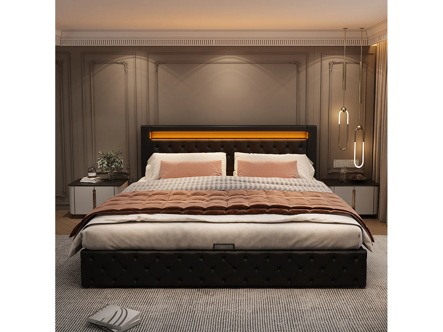 Łóżko ze schowkiem 160 x 200 cm - czarny PU - z oświetleniem LED - stelaż z listew - bez materaca 3062083 - obrazek 1