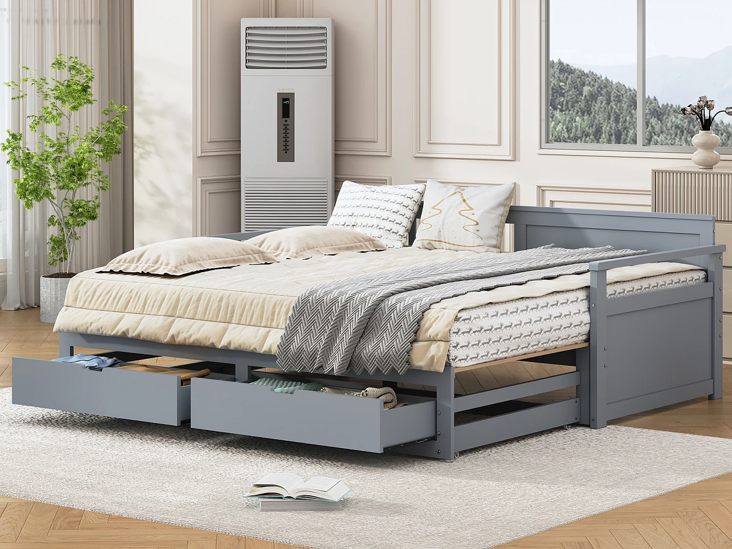 Łóżko wysuwane 90 x 190 cm/180 x 190 cm z 2 szufladami – lite drewno – szare 3094882