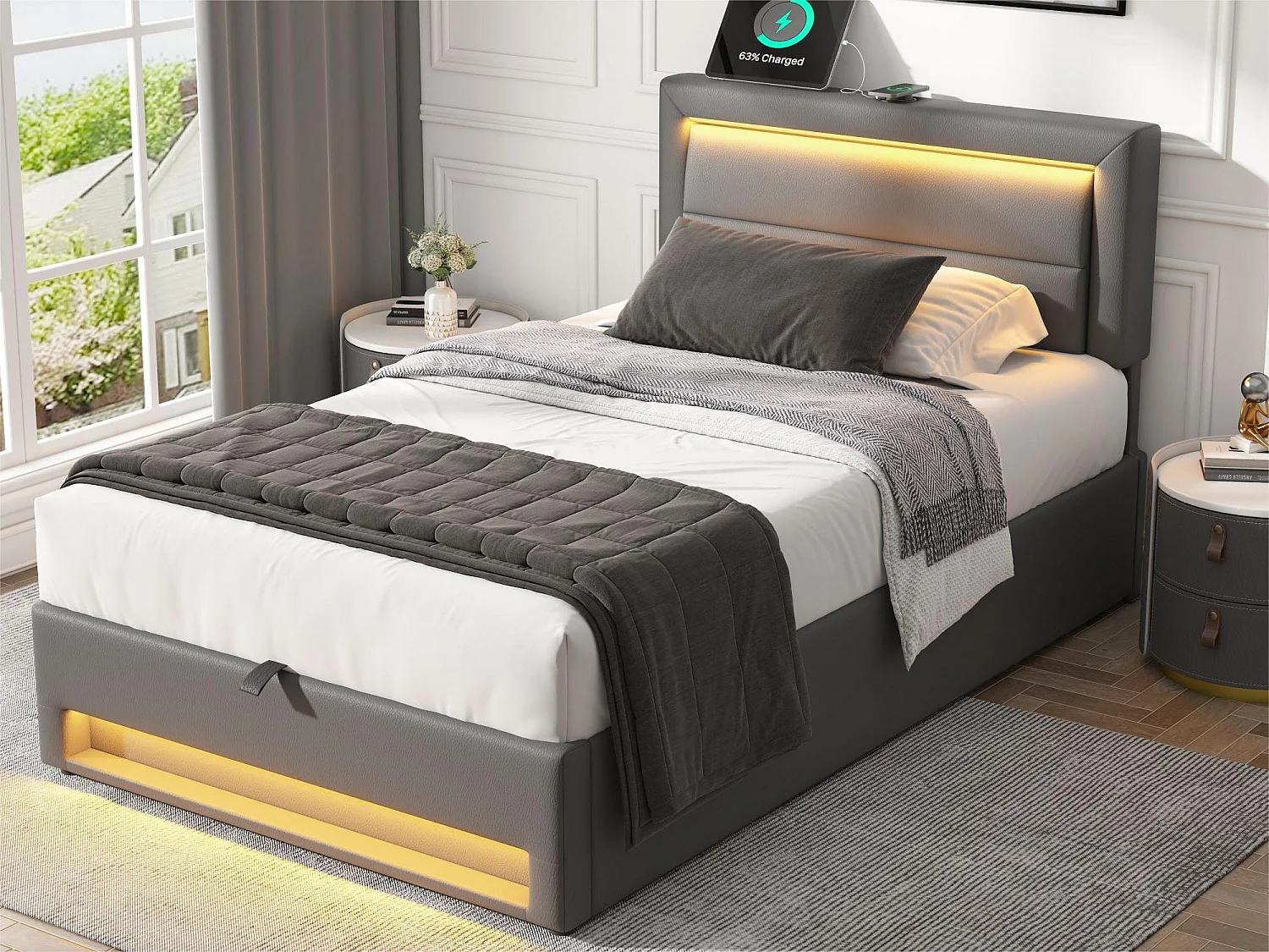 Łóżko z pojemnikiem 90x200 cm z ekoskóry z LED - z portami ładowania (przewodowym i bezprzewodowym) - Szare 3098079 - obrazek 1