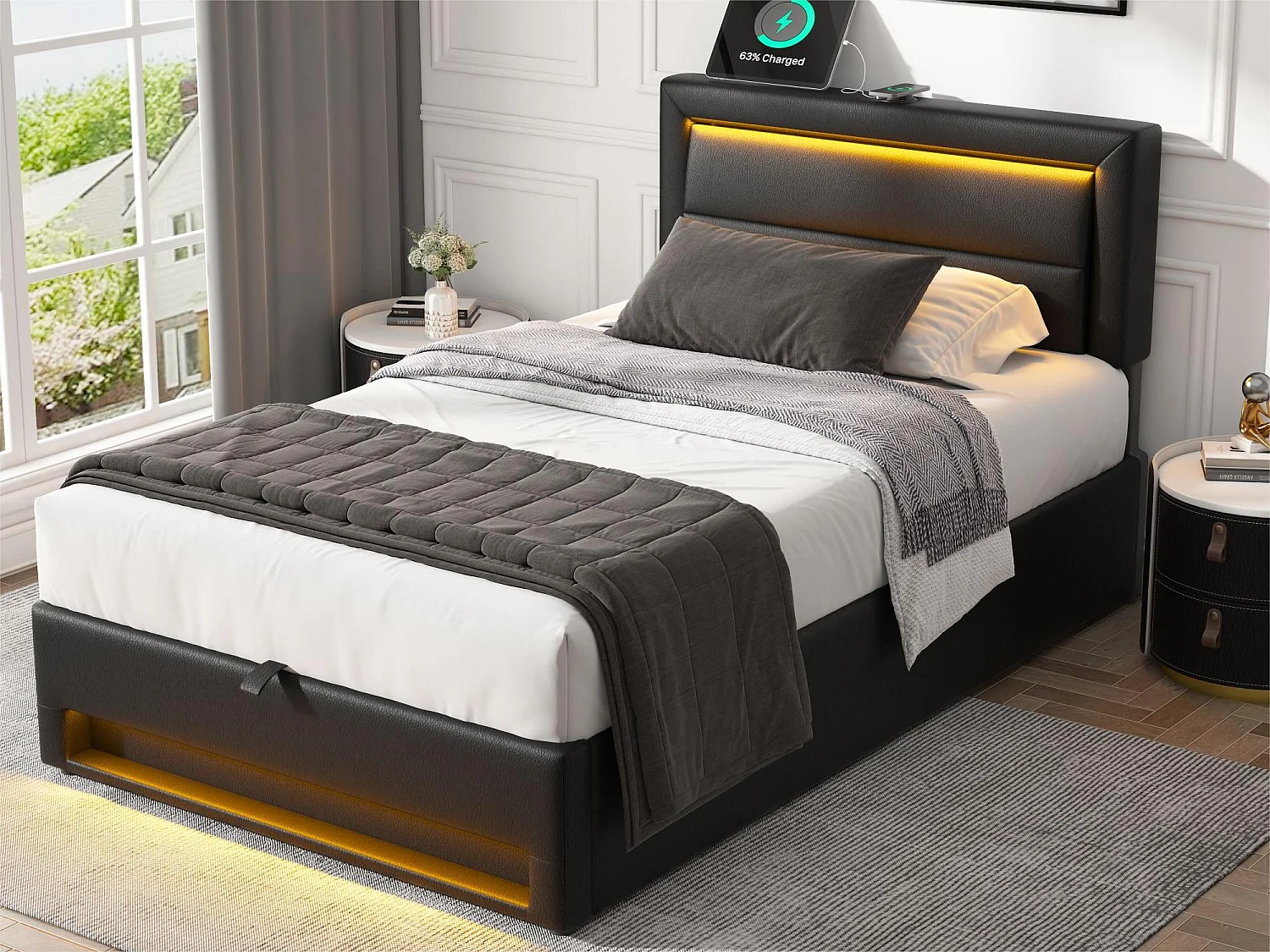 Łóżko z pojemnikiem 90x200 cm z ekoskóry z LED - z portami ładowania (przewodowym i bezprzewodowym) - Czarny 3098078 - obrazek 1