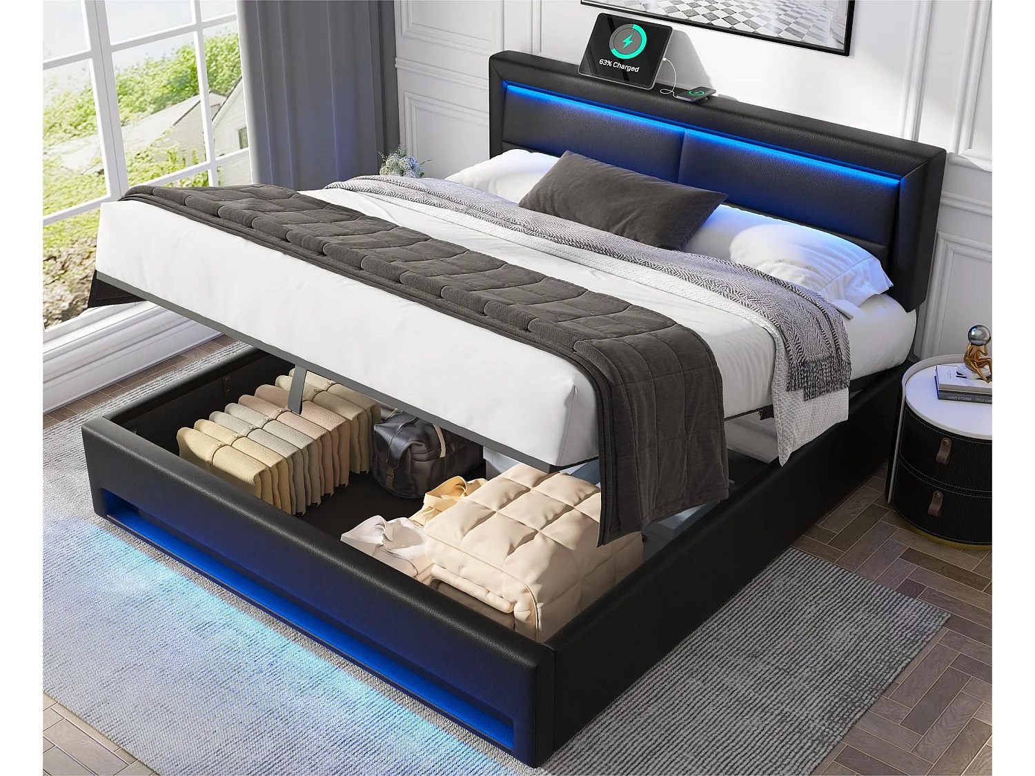 Łóżko z pojemnikiem 160x200 cm z ekoskóry z LED - z portami do ładowania (przewodowym i bezprzewodowym) - Czarne 3098081 - obrazek 1