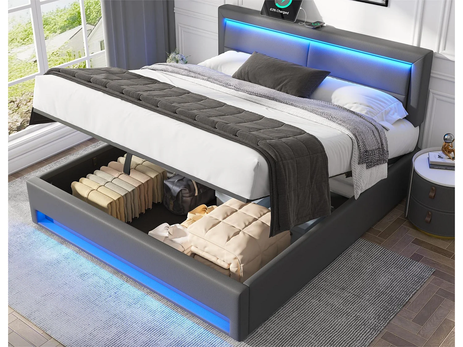 Łóżko z pojemnikiem 140x190 cm z ekoskóry z LED - z portami ładowania (przewodowym i bezprzewodowym) - Szare 3098085 - obrazek 1