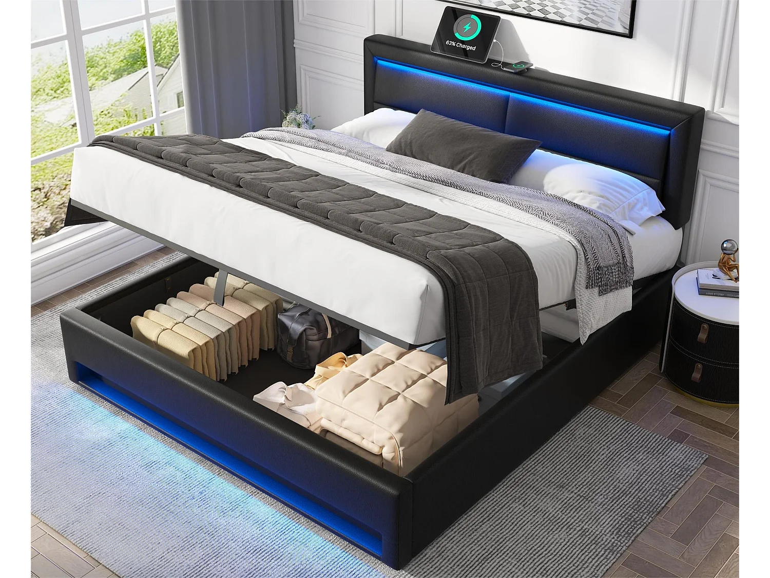 Łóżko z pojemnikiem 140x190 cm z ekoskóry z LED - z portami ładowania (przewodowymi i bezprzewodowymi) - Czarne 3098086 - obrazek 1