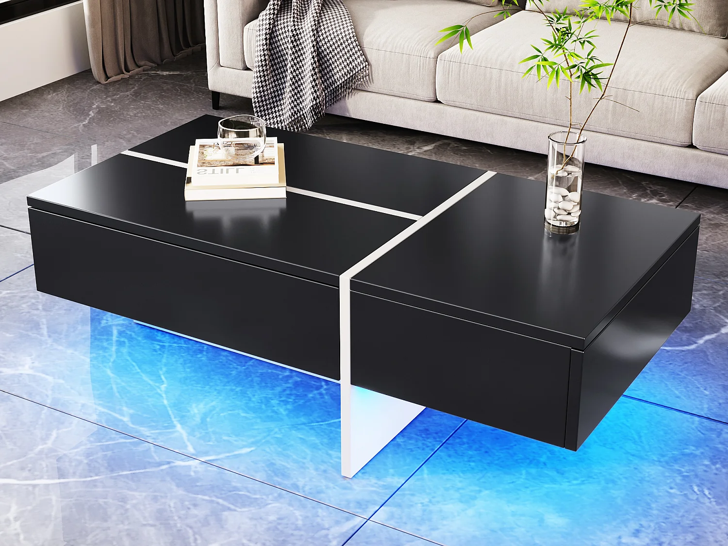 Czarny stolik kawowy z połyskiem, stół do salonu, blat z wzorem marmuru z oświetleniem LED, 100 x 50 x 34,5 cm 3120864 - obrazek 1