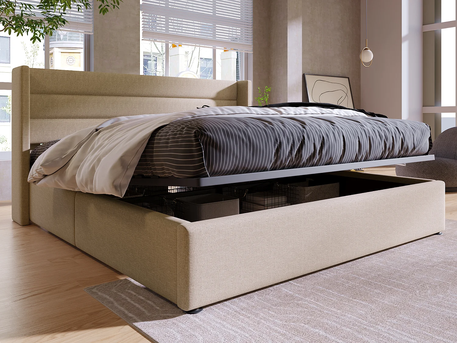 Łóżko ze schowkiem i schowkiem – 140 x 200 cm – tkanina lniana – stelaż z listew – kolor beżowy 1661467