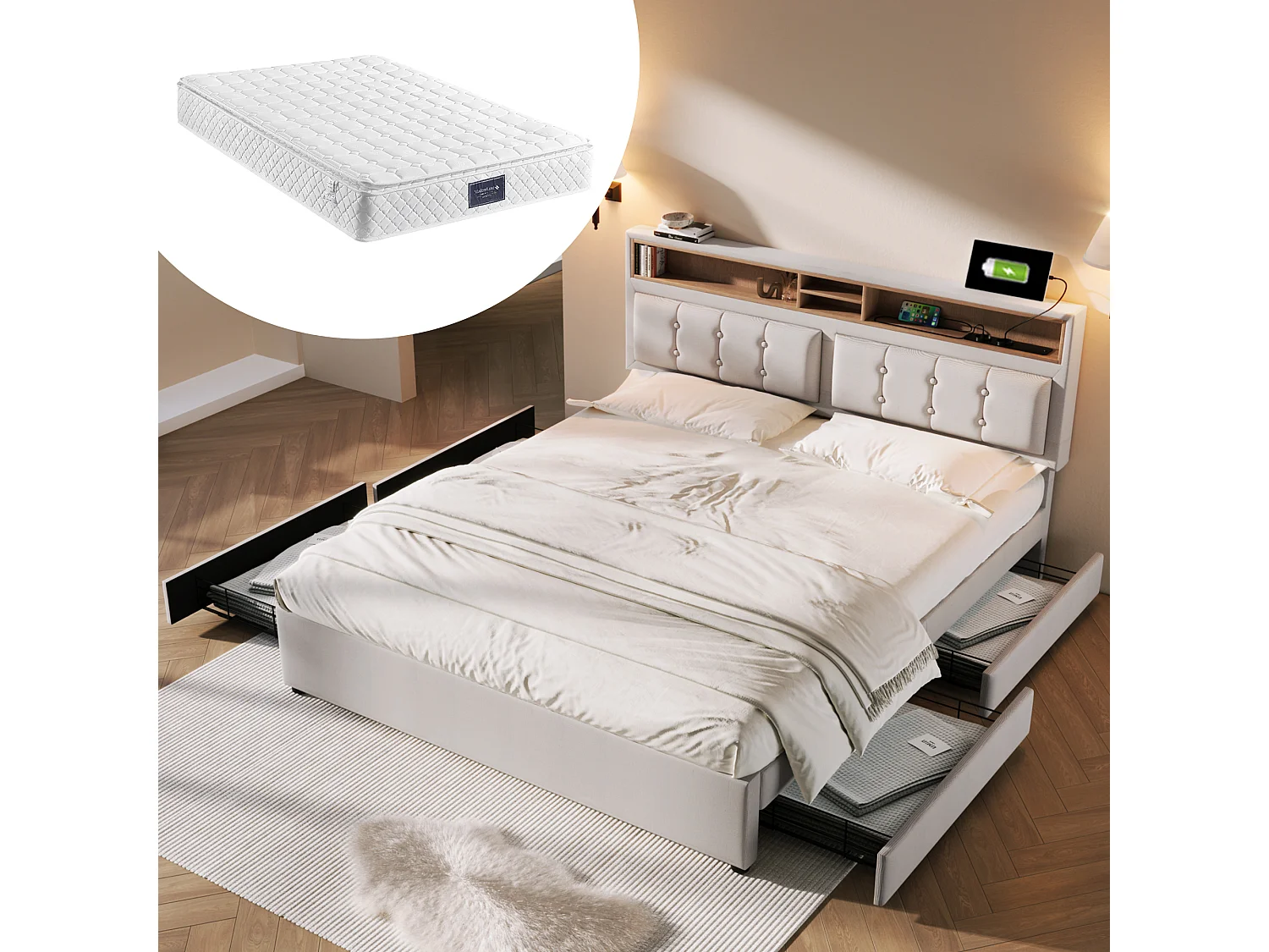 Łóżko z regulowanym wezgłowiem - 140 x 200 cm - 4 szuflady, półki i gniazdo USB C - tkanina lniana - kolor beżowy + Materac 3144588 - obrazek 1