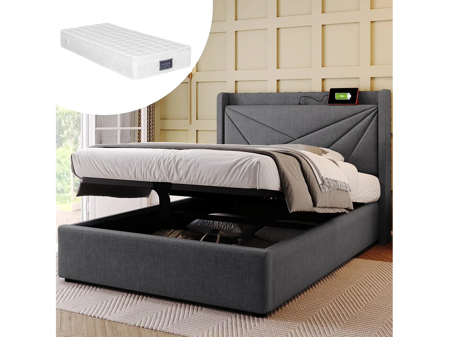 Łóżko ze schowkiem 90 x 200 cm z zagłówkiem - USB + typ C - tkanina lniana - szare + Materac 3144609 - obrazek 1