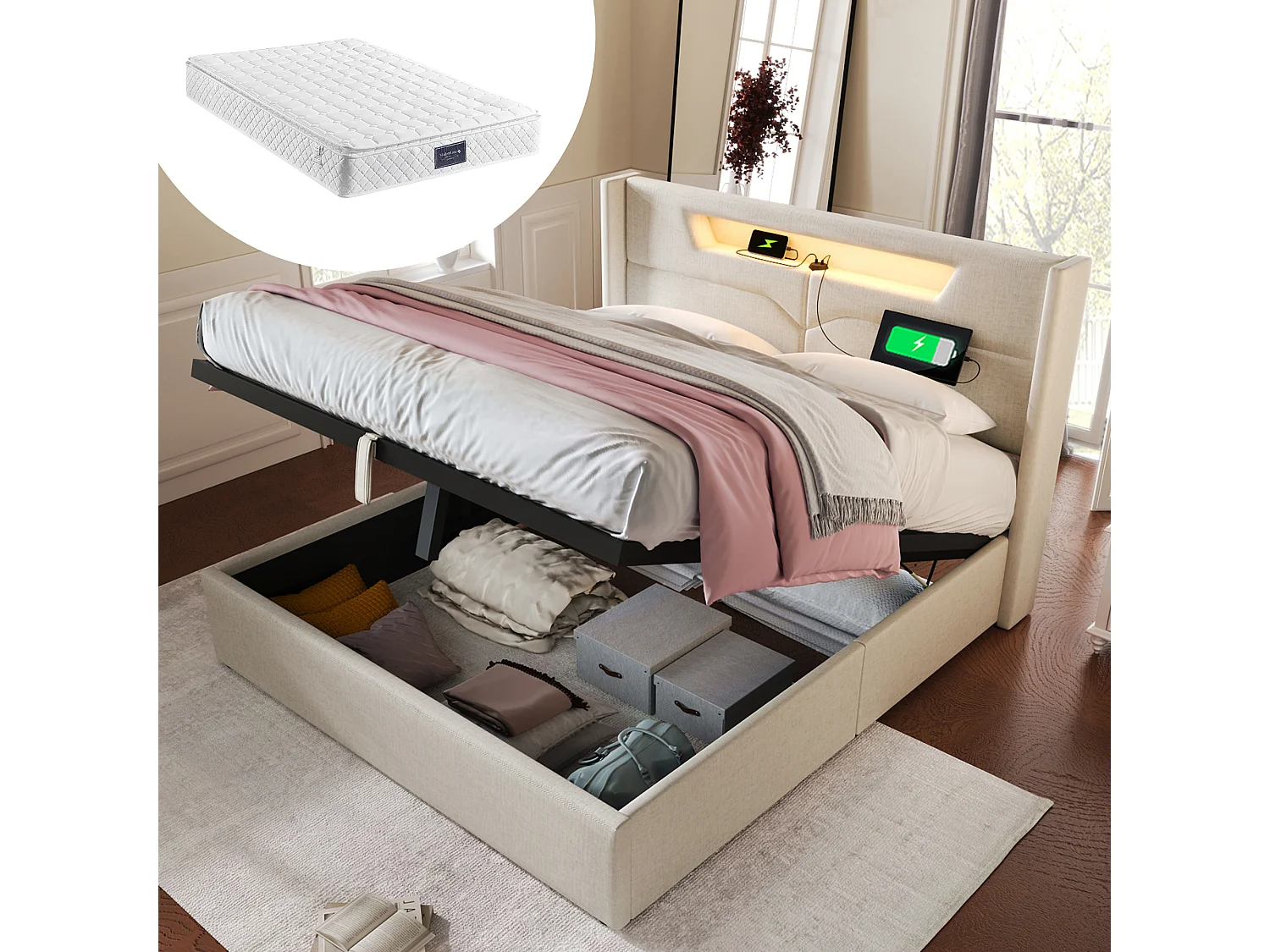 Łóżko z pojemnikiem 140 x 200 cm, łóżko podwójne - oświetlenie LED, port USB typu C i schowek - tkanina lniana - beżowy + materac 3144610 - obrazek 1