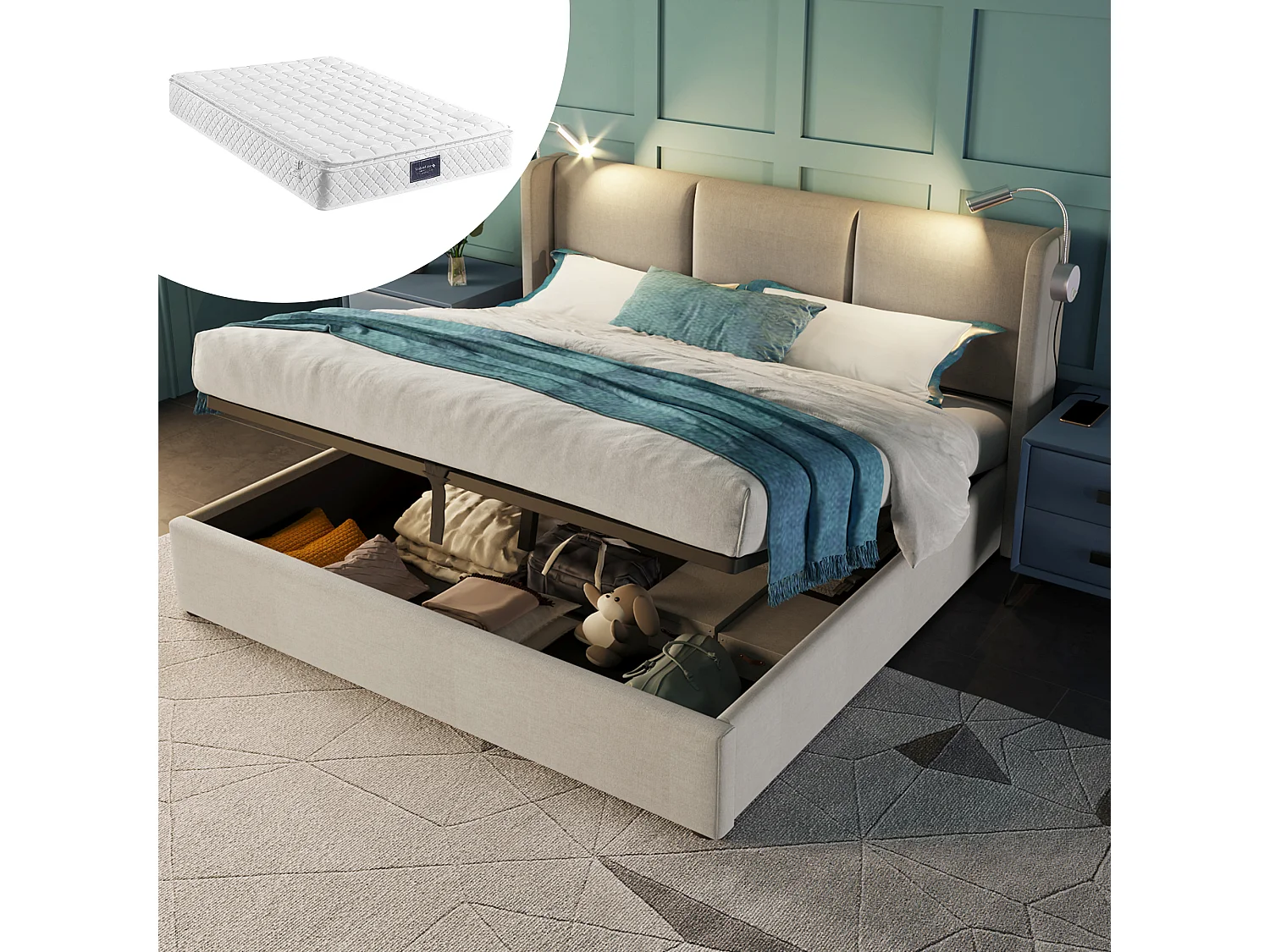 Łóżko ze schowkiem 160 x 200 cm z zagłówkiem - tkanina lniana - USB + lampka do czytania - beżowe + materac 3144627 - obrazek 1