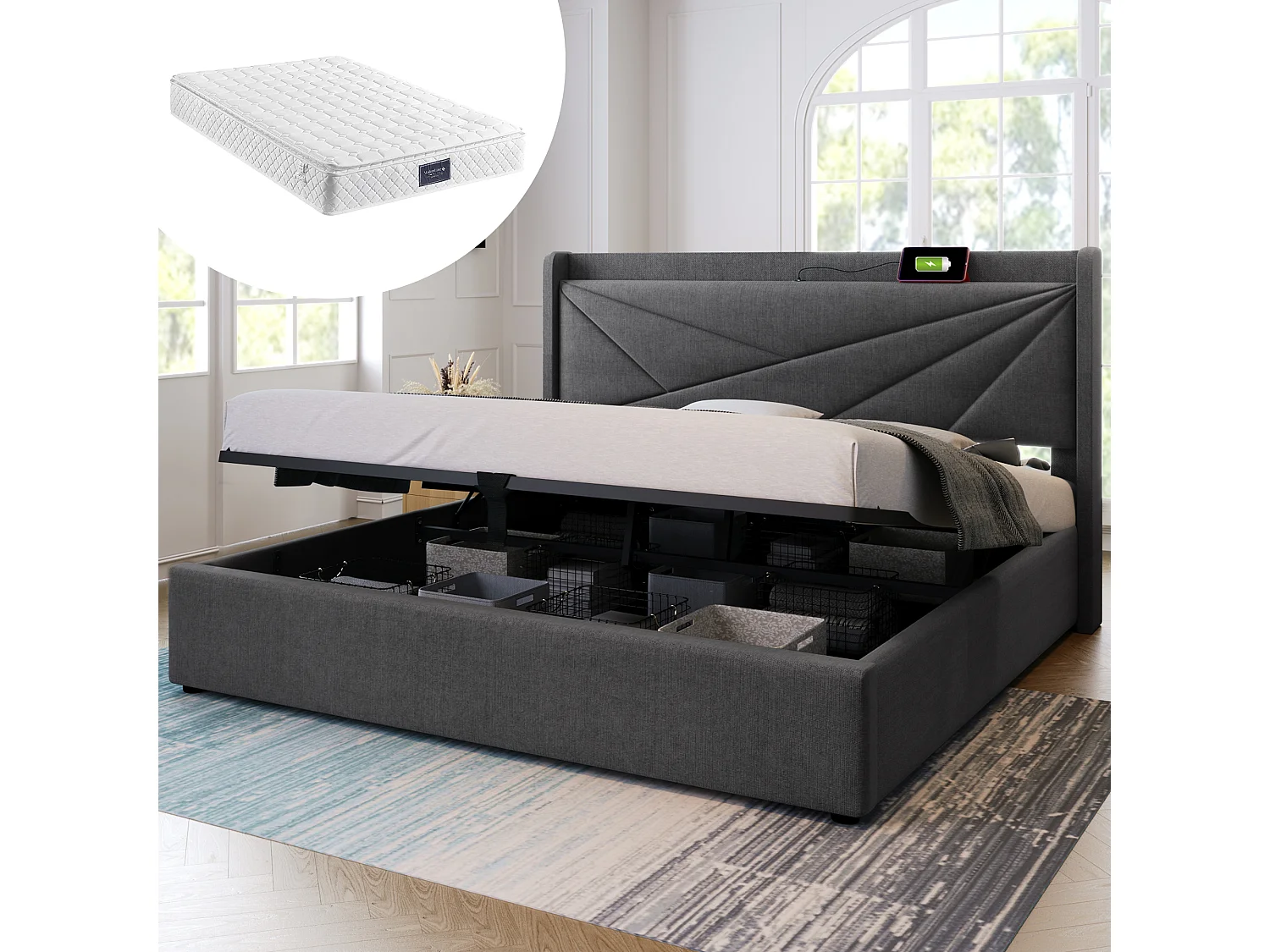 Łóżko ze schowkiem 160 x 200 cm z zagłówkiem - USB + typ C - Tkanina lniana - szare + Materac 3144631 - obrazek 1