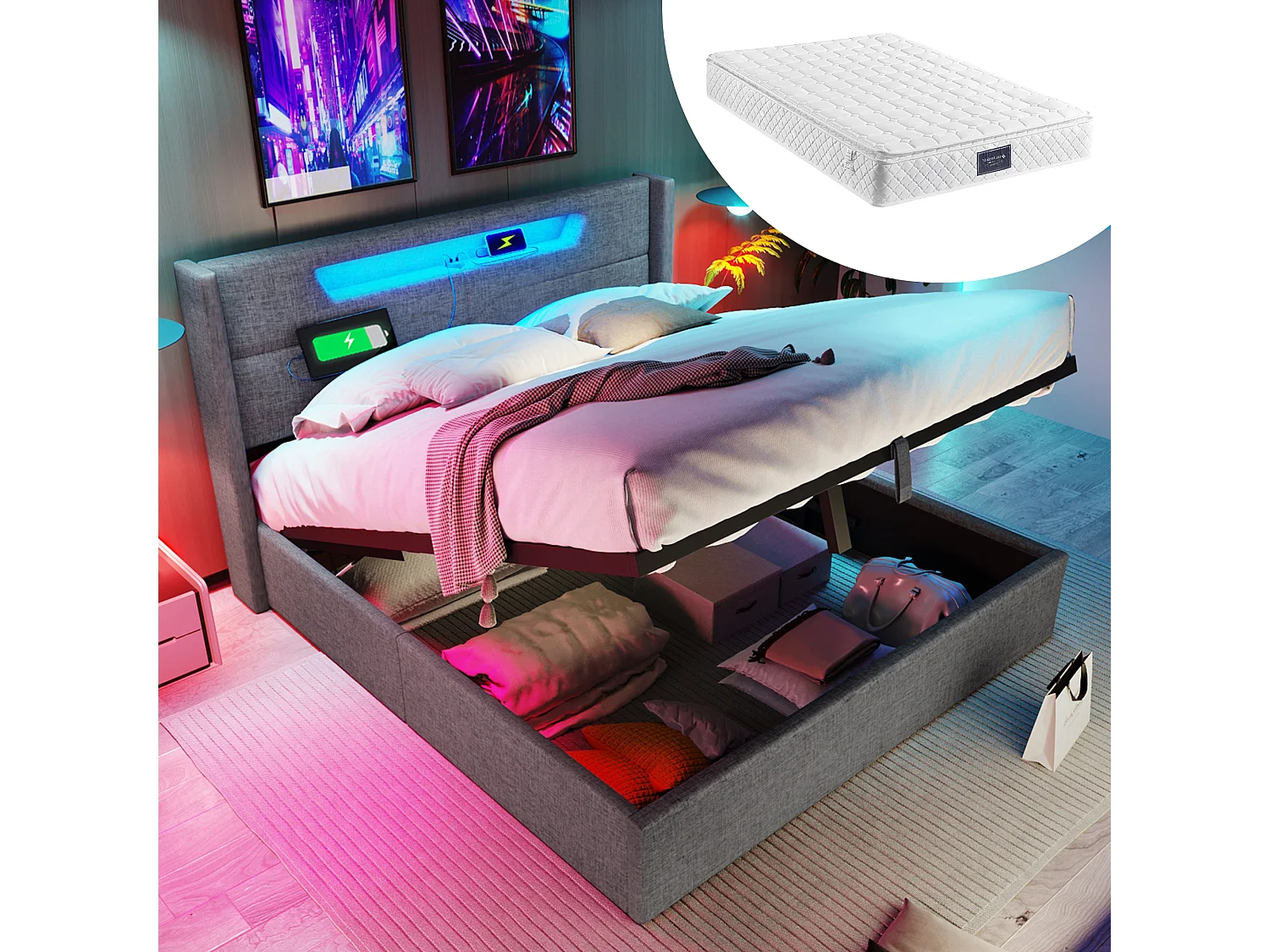 Łóżko z pojemnikiem 140 x 200 cm, łóżko podwójne - oświetlenie LED, port USB typu C i pojemnik - tkanina lniana - szary + materac 3144639 - obrazek 1