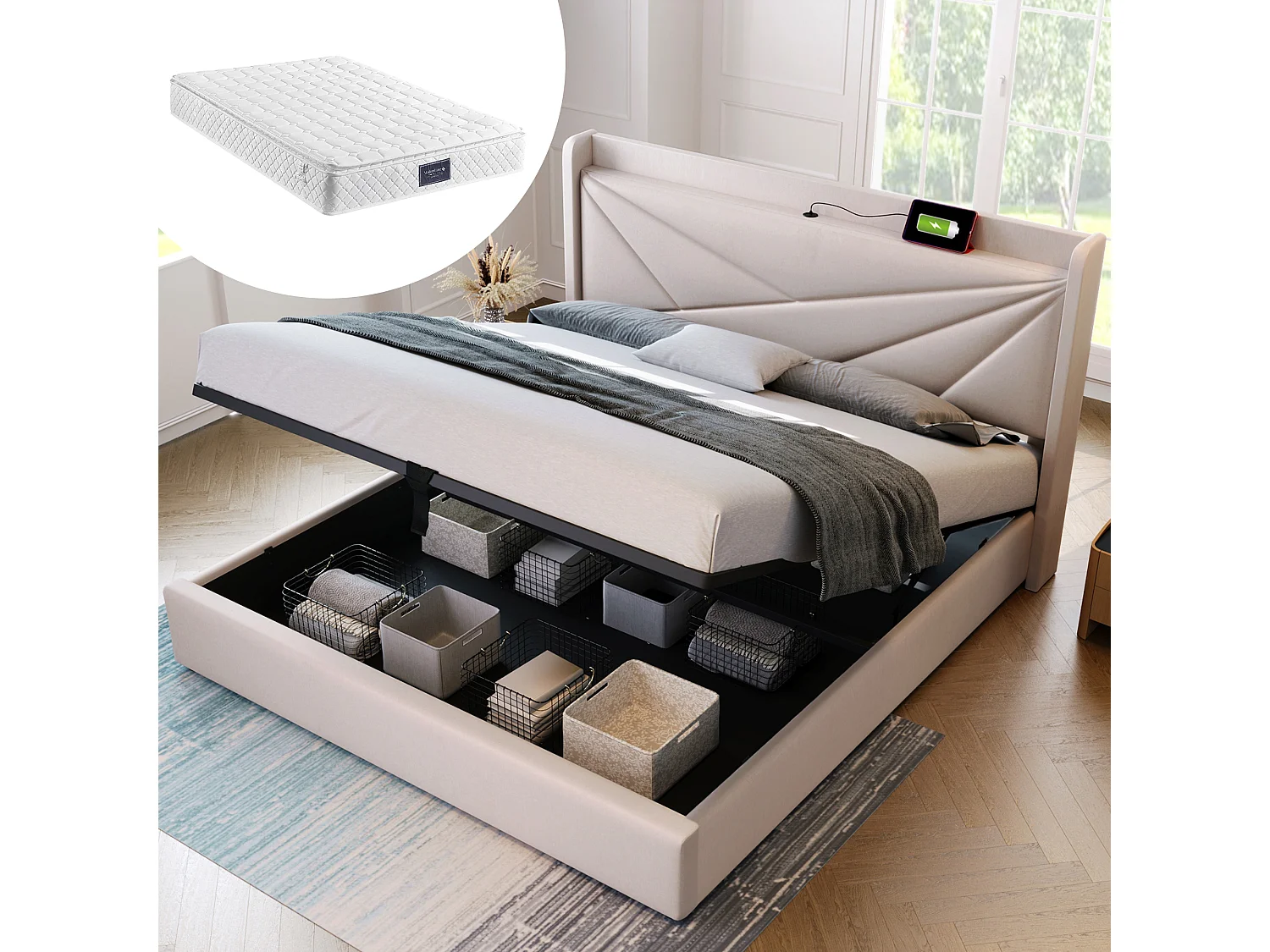 Łóżko ze schowkiem 160 x 200 cm z zagłówkiem - USB + typ C - Tkanina lniana - beż + Materac 3144653 - obrazek 1