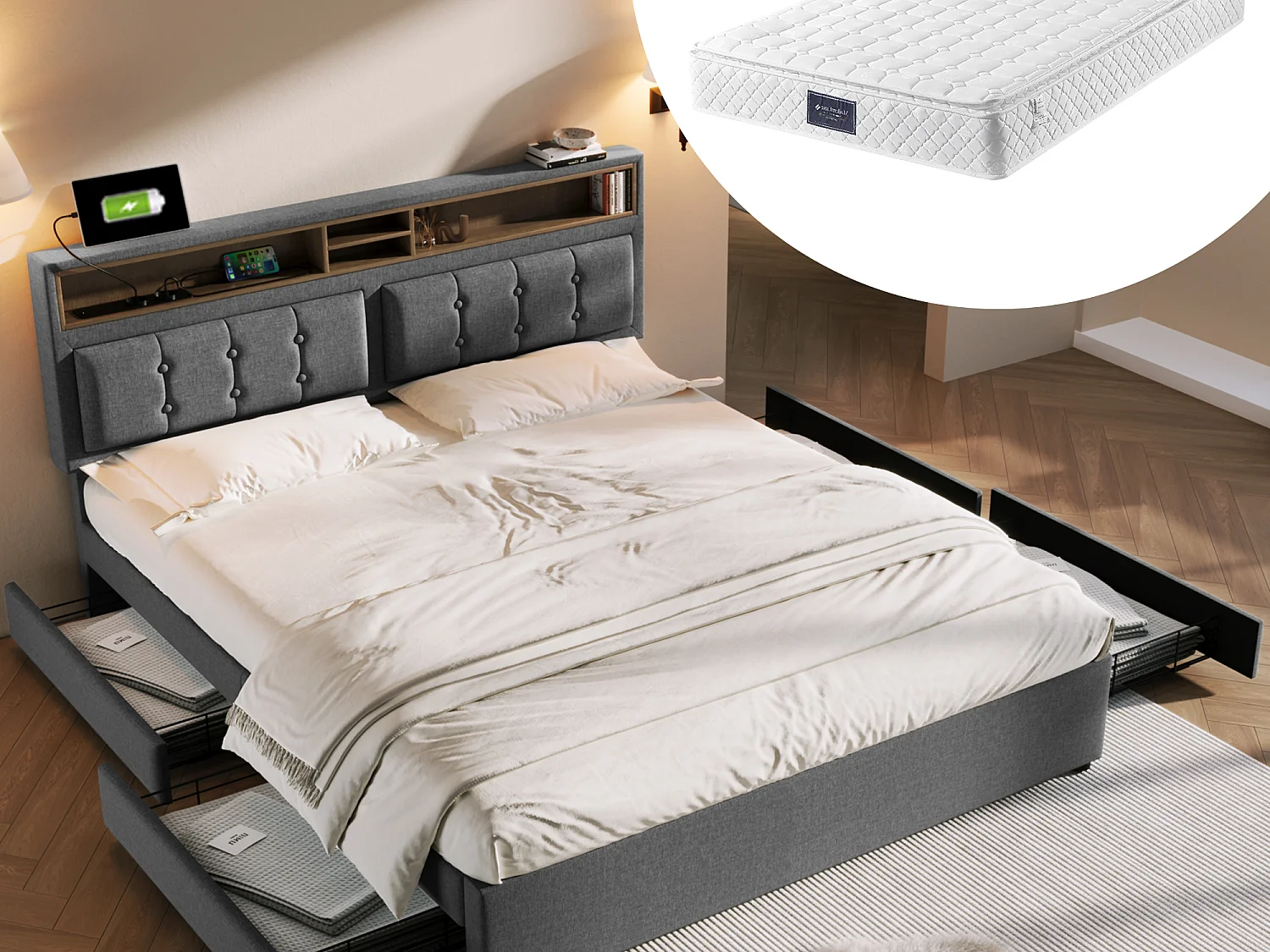 Łóżko z regulowanym wezgłowiem - 140 x 200 cm - 4 szuflady, półki i gniazdo USB C - tkanina lniana - kolor beżowy + Materac 3144564 - obrazek 1
