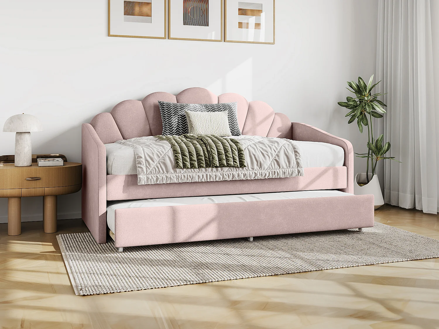Łóżko wysuwane muszla 2 x 90 x 190 cm – Welur – Różowy – ELUSIA 777601