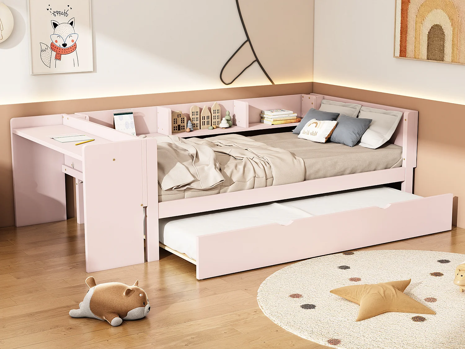 Łóżko wysuwane 90 x 200 cm + 90 x 180 cm z biurkiem i 3 półkami - lite drewno sosnowe - stelaż z listew - różowe 3243495 - obrazek 1