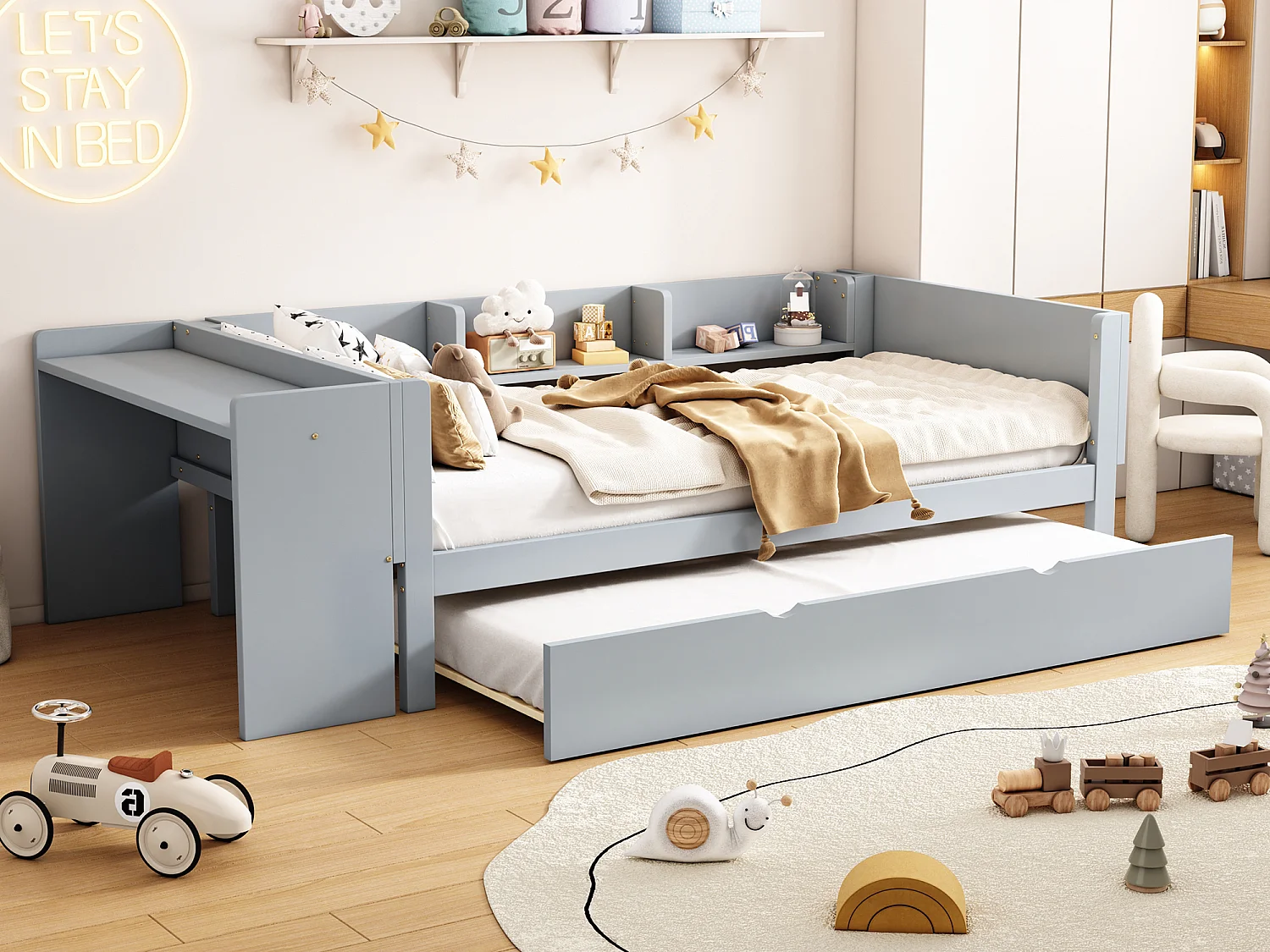 Łóżko wysuwane 90 x 200 cm + 90 x 180 cm z biurkiem i 3 półkami - lite drewno sosnowe - stelaż z listew - szare 3243498 - obrazek 1