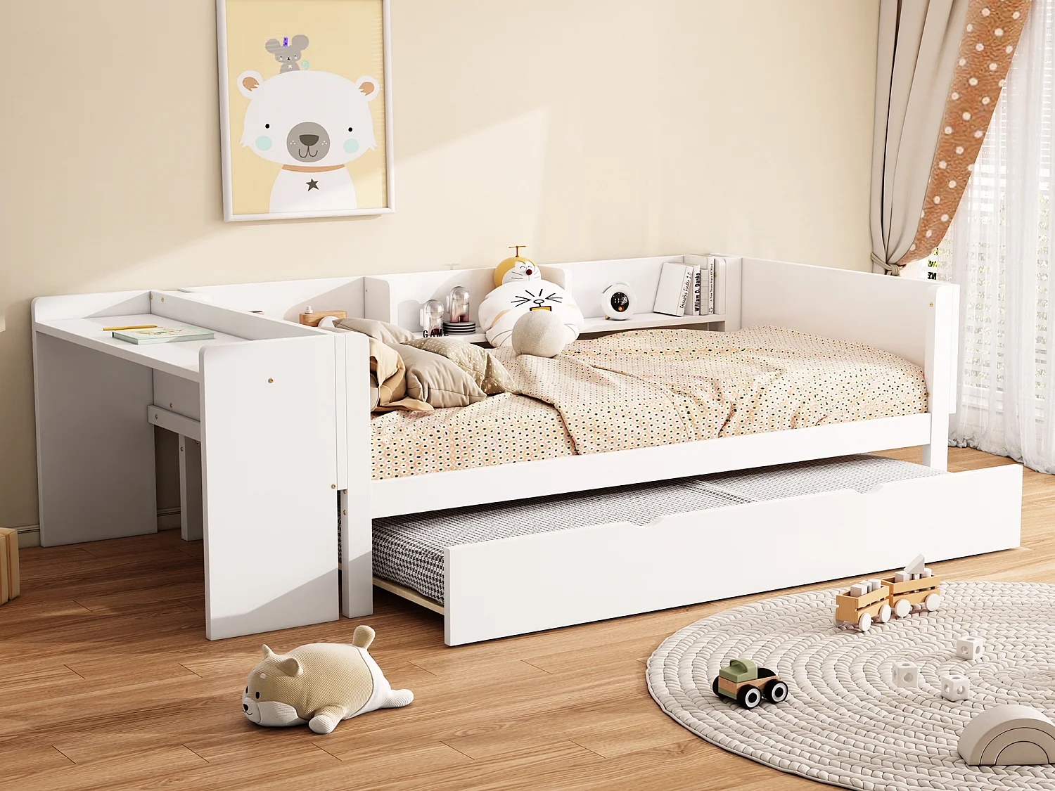 Łóżko wysuwane 90 x 200 cm + 90 x 180 cm z biurkiem i 3 półkami - lite drewno sosnowe - stelaż listwowy - białe 3243500 - obrazek 1