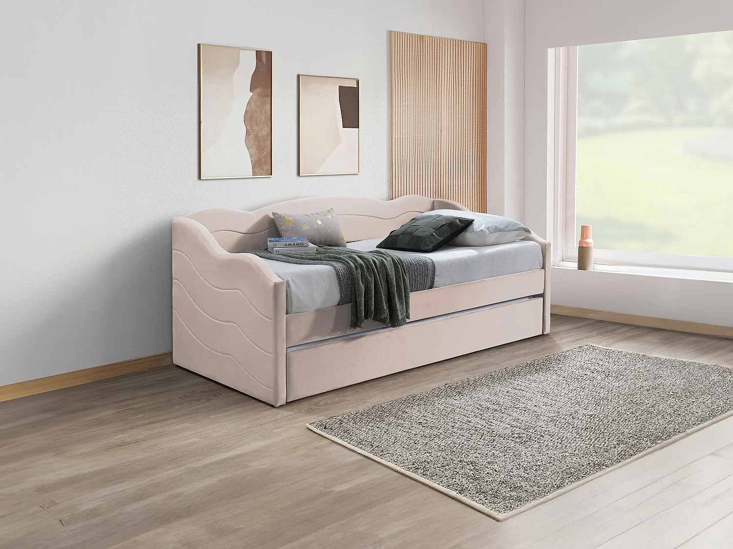 Łóżko z wysuwanym materacem 2 × 90 × 190 cm – Welur – Różowy – LENVIA 1785233