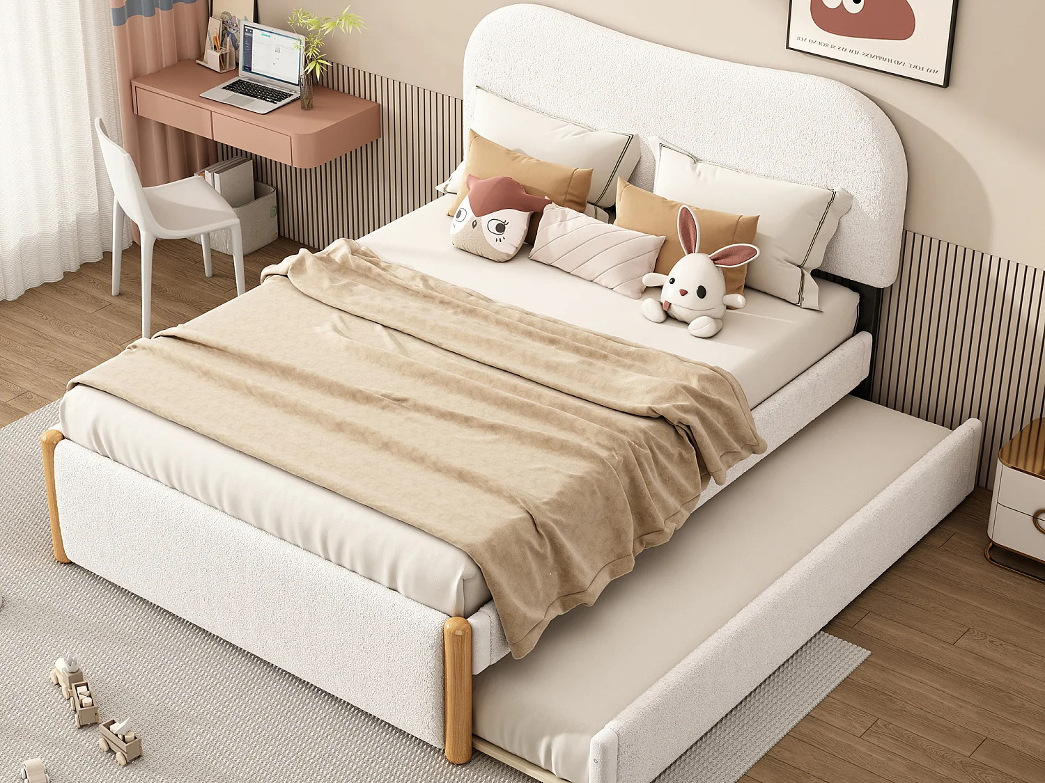 Łóżko wysuwane 140 x 200 cm + 90 x 190 cm – styl nowoczesny – tkanina pluszowa – stelaż listwowy – białe 3267932