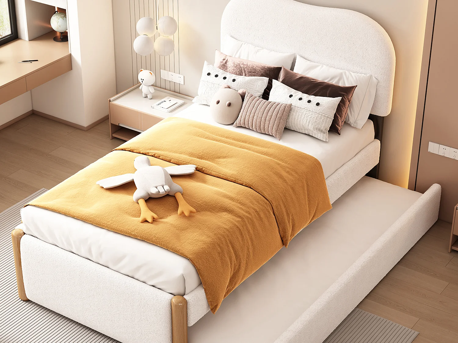 Łóżko wysuwane 90 x 200 cm + 90 x 190 cm – styl nowoczesny – tkanina pluszowa – stelaż z listew – białe 3267933