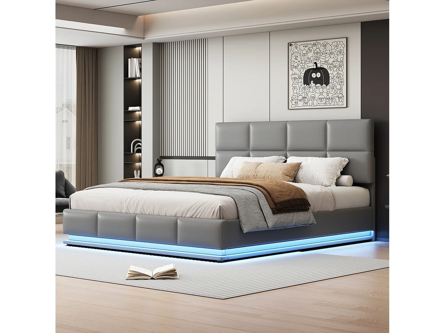 Łóżko ze schowkiem 180 x 200 cm z oświetleniem LED - skóra ekologiczna - stelaż listwowy - jasnoszary 3275975 - obrazek 1