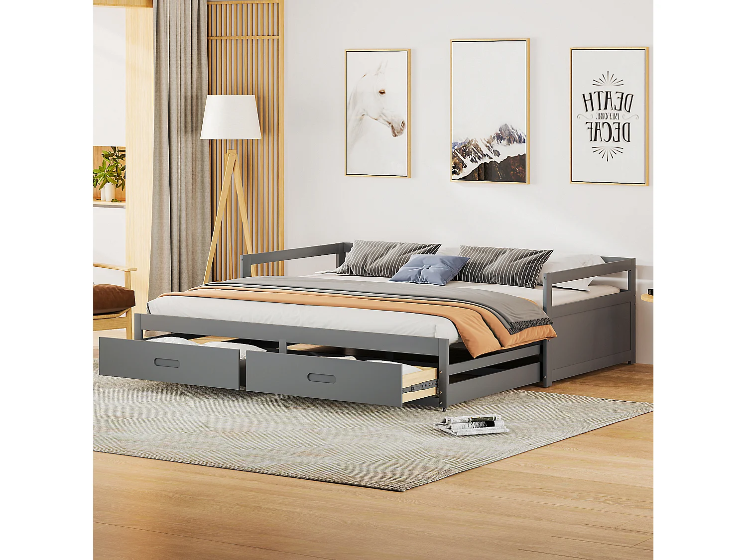 Łóżko wysuwane 90 x 200 cm z 2 szufladami - Drewno sosnowe - stelaż z listew - szare 3276046 - obrazek 1