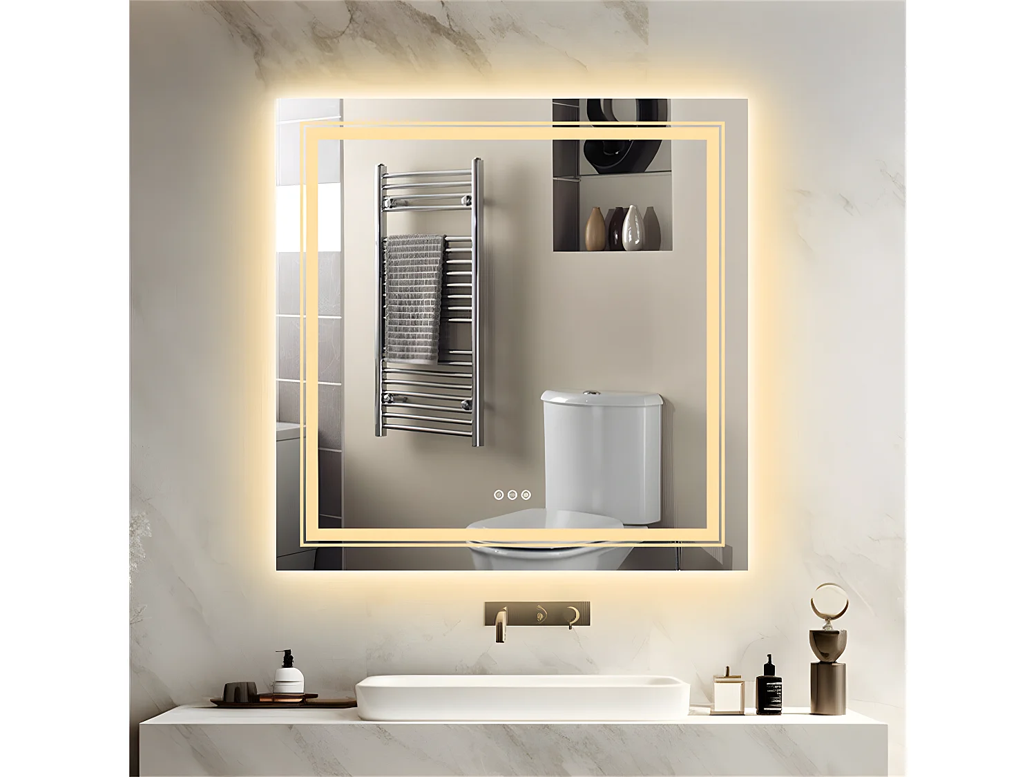 Lustro łazienkowe kwadratowe LED 90x90cm trójkolorowe podświetlane lustro ścienne anty-fog 90x90cm 2166925