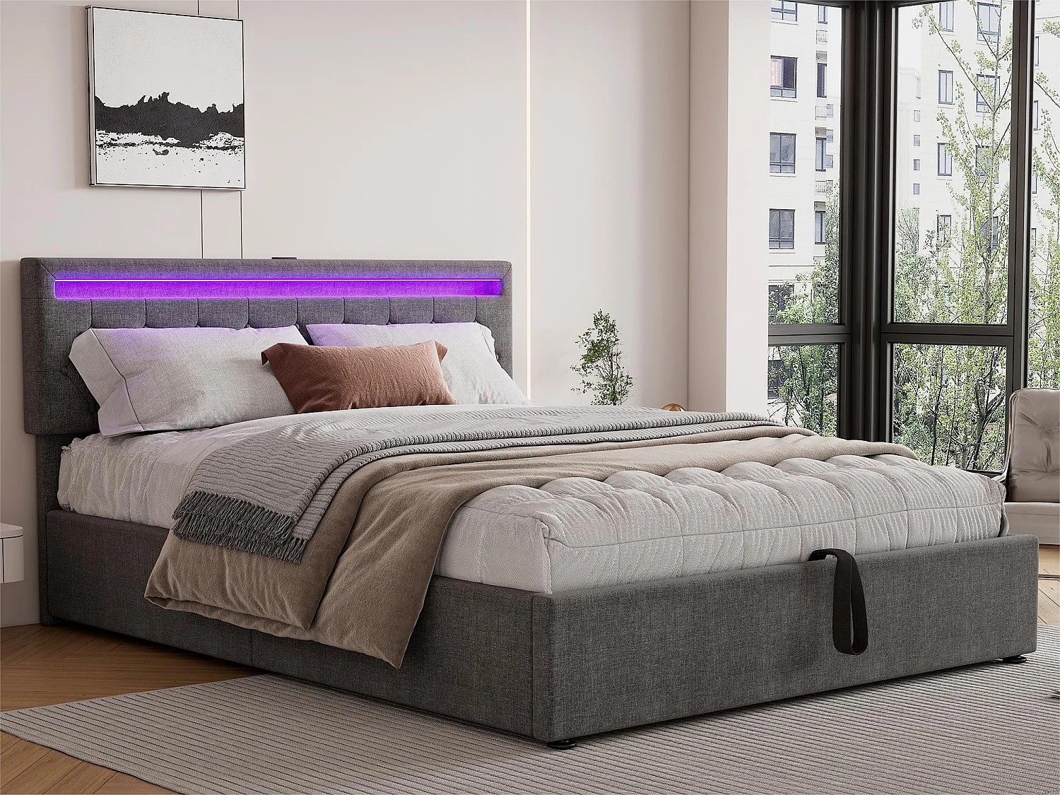 Łóżko z pojemnikiem 160x200 cm z tkaniny lnianej z LED - gniazda USB i Type-C na łóżku - z stelażem na listwy - Szary 3290432 - obrazek 1