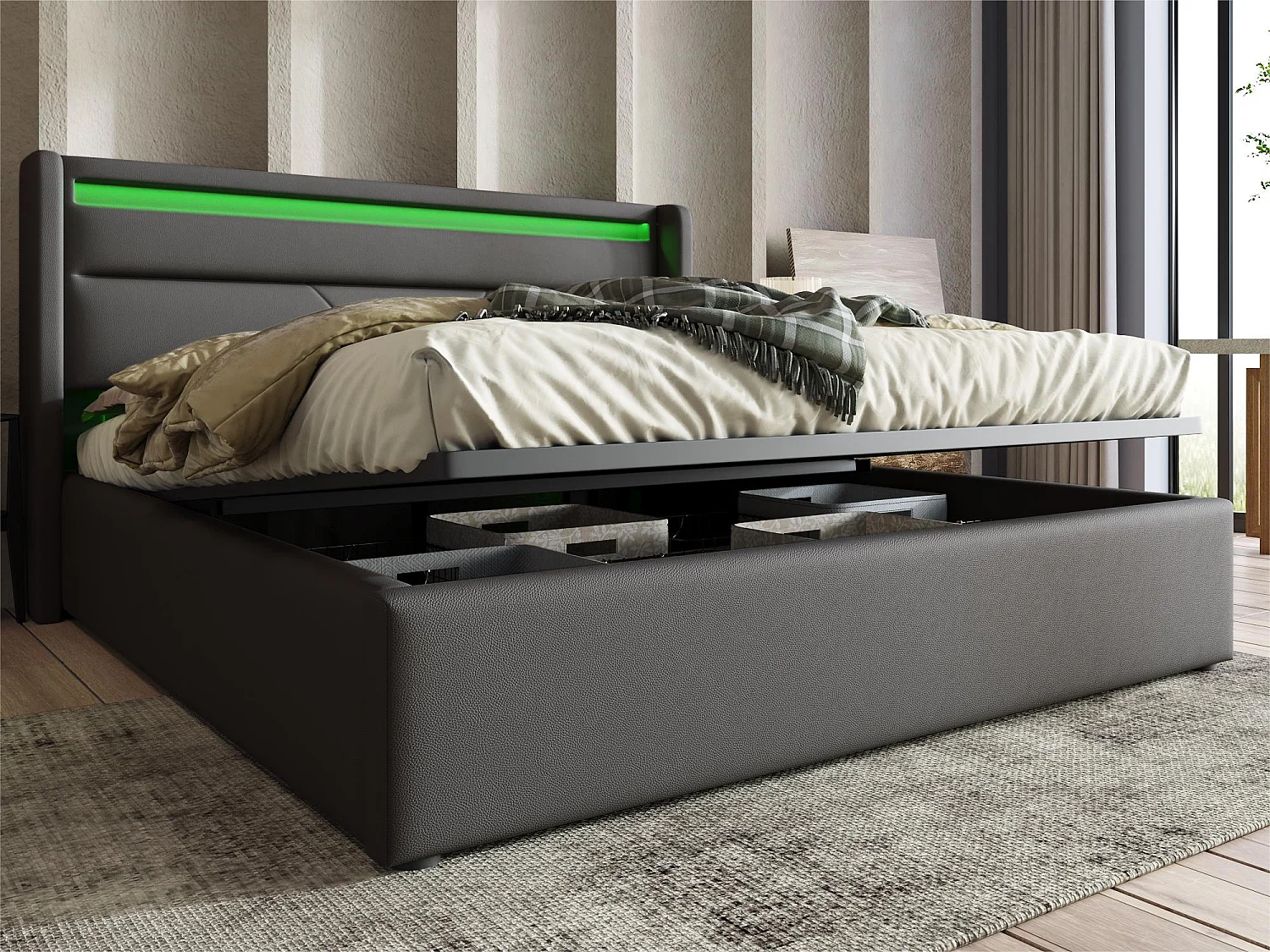 Łóżko z pojemnikiem 140x200cm z ekoskóry z LED - z stelażem na listwy - Szare 1398899 - obrazek 1