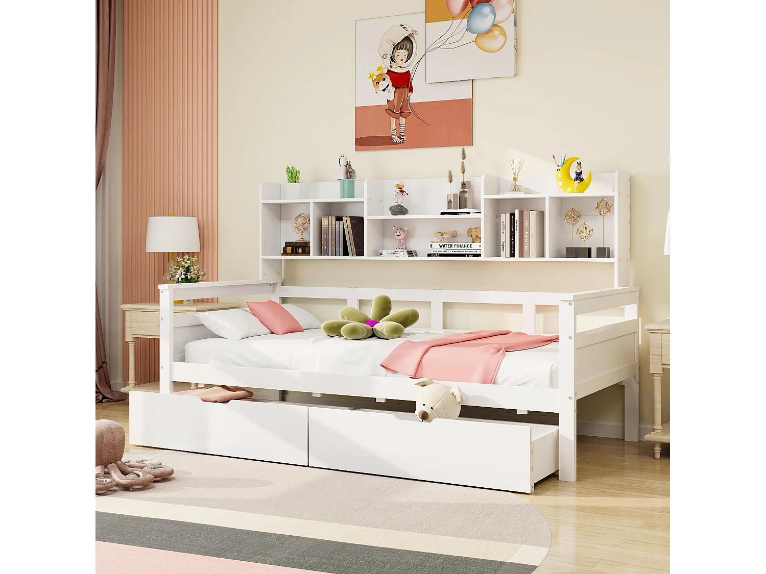Łóżko z litego drewna 90 x 200 cm - 2 szuflady i regał - stelaż z listew - białe 3295259 - obrazek 1