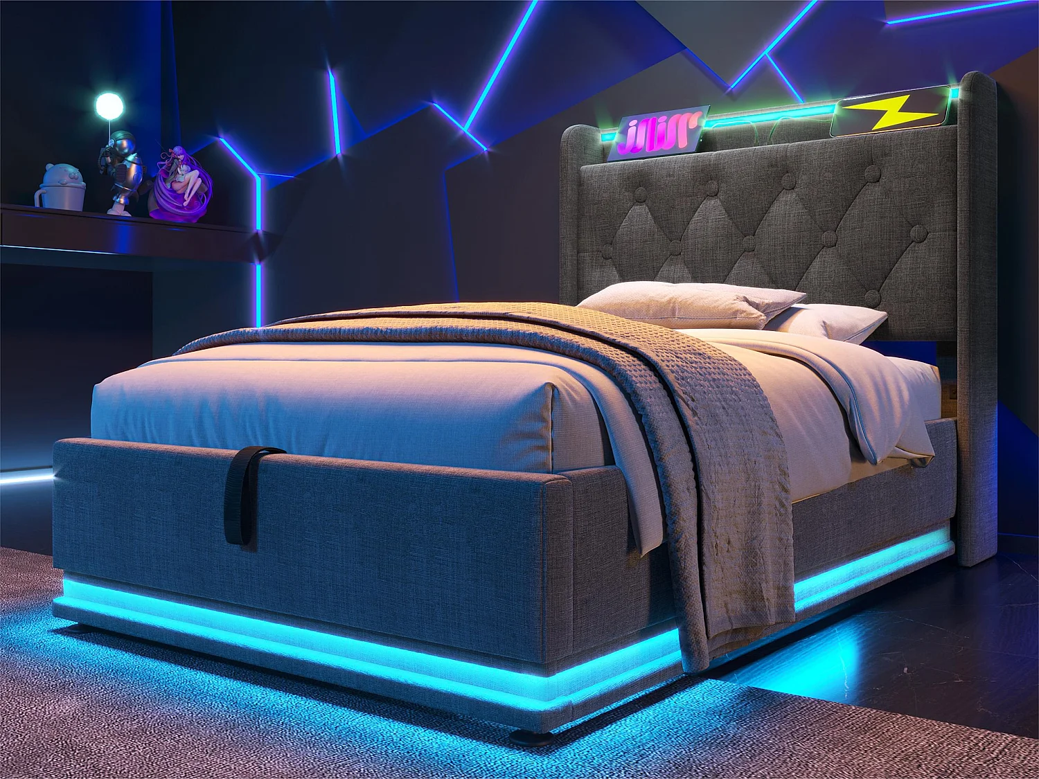 Łóżko z pojemnikiem 90x200cm z lnu - z LED i gniazdami USB & Type-C - Szare 3295739 - obrazek 1