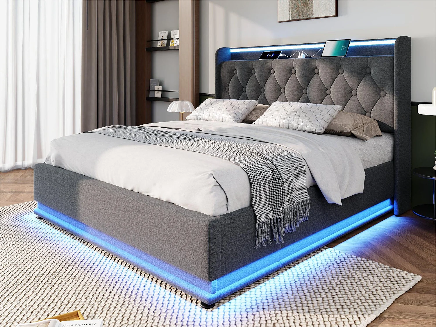 Łóżko z pojemnikiem 180x200cm z lnu - z LED i gniazdami USB & Type-C - Szare 3295740 - obrazek 1