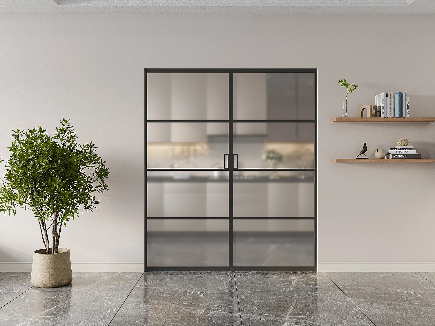 Drzwi przesuwne podwójne chowane w ścianie - aluminium i matowe szkło hartowane - 2 x wys. 205 x szer. 73 cm - SINCA II 3290703 - obrazek 1