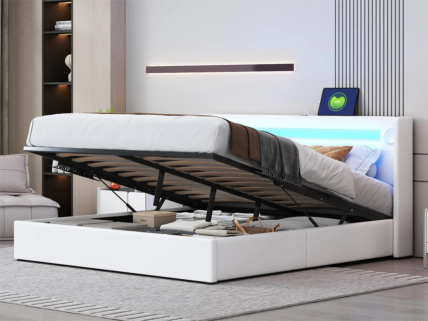 Łóżko z tapicerowanym zagłówkiem z ekoskóry 160x200cm z LED, odtwarzaczem Bluetooth i portami USB - z stelażem na listwy - Białe 1883217 - obrazek 1