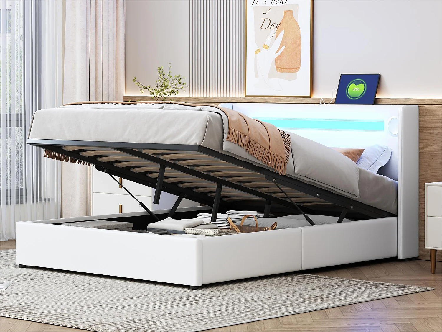 Łóżko z tapicerowanym zagłówkiem z ekoskóry 140x200cm z LED, odtwarzaczem Bluetooth i portami USB - z stelażem na listwach - Białe 1883223 - obrazek 1