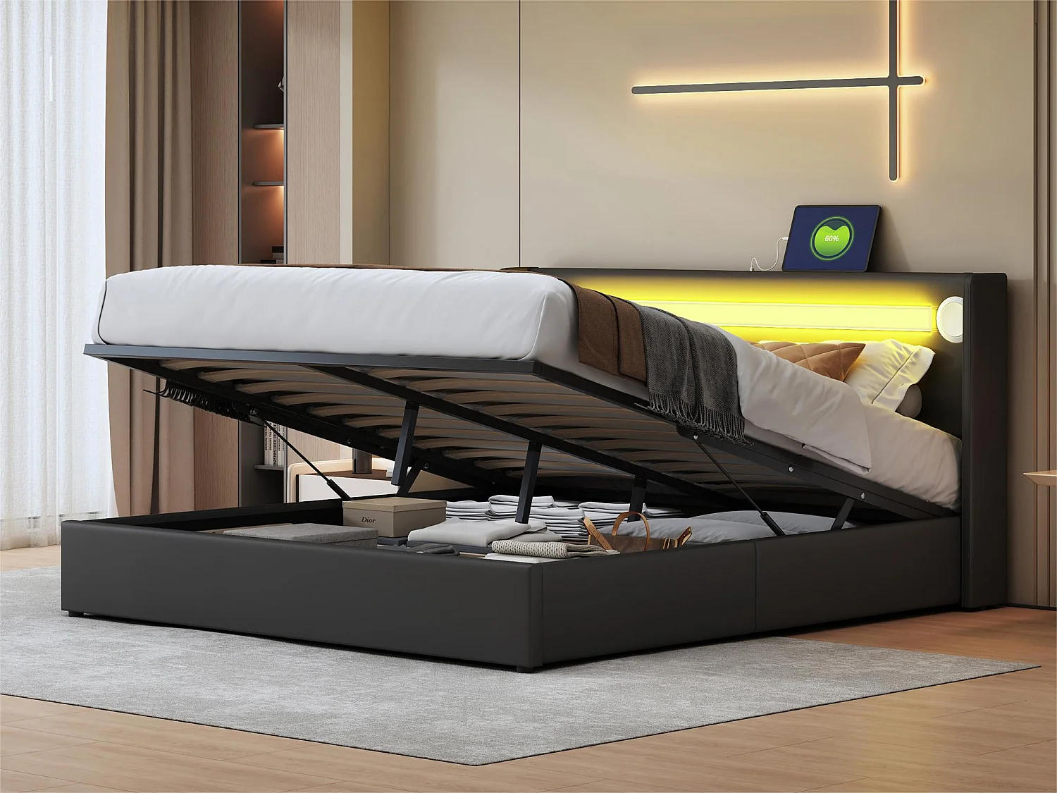 Łóżko z tapicerowanym zagłówkiem z ekoskóry 160x200cm z LED, odtwarzaczem Bluetooth i portami USB - z stelażem na listwach - Czarne 3335385 - obrazek 1