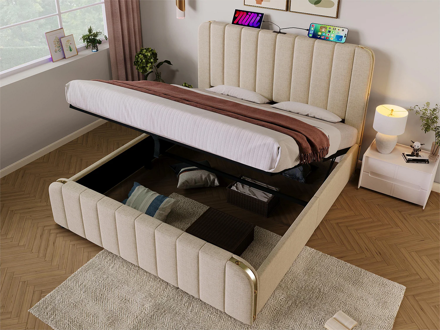 Łóżko z pojemnikiem 160x200cm z tkaniny lnianej - z ładowaniem USB i Type-C - ozdobione złotymi paskami - Beżowe 3335383 - obrazek 1