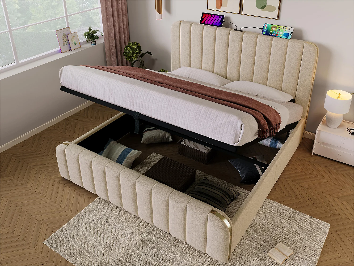 Łóżko z pojemnikiem 180x200cm z tkaniny lnianej - z ładowaniem USB i Type-C - ozdobione złotymi paskami - Beżowe 3335386 - obrazek 1