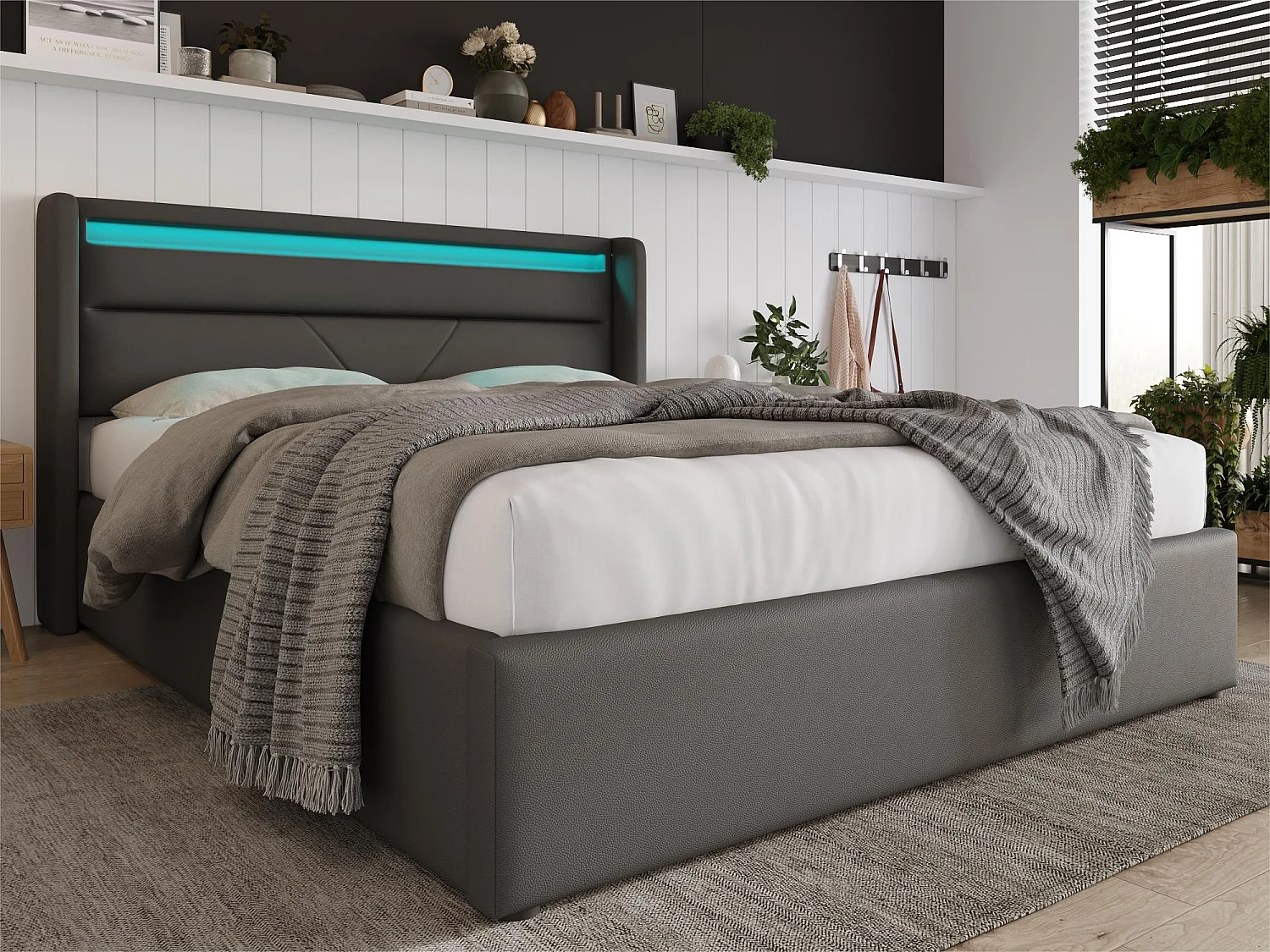 Łóżko z pojemnikiem 160x200cm z ekoskóry z LED - z stelażem na listwy - Szare 1398895 - obrazek 1