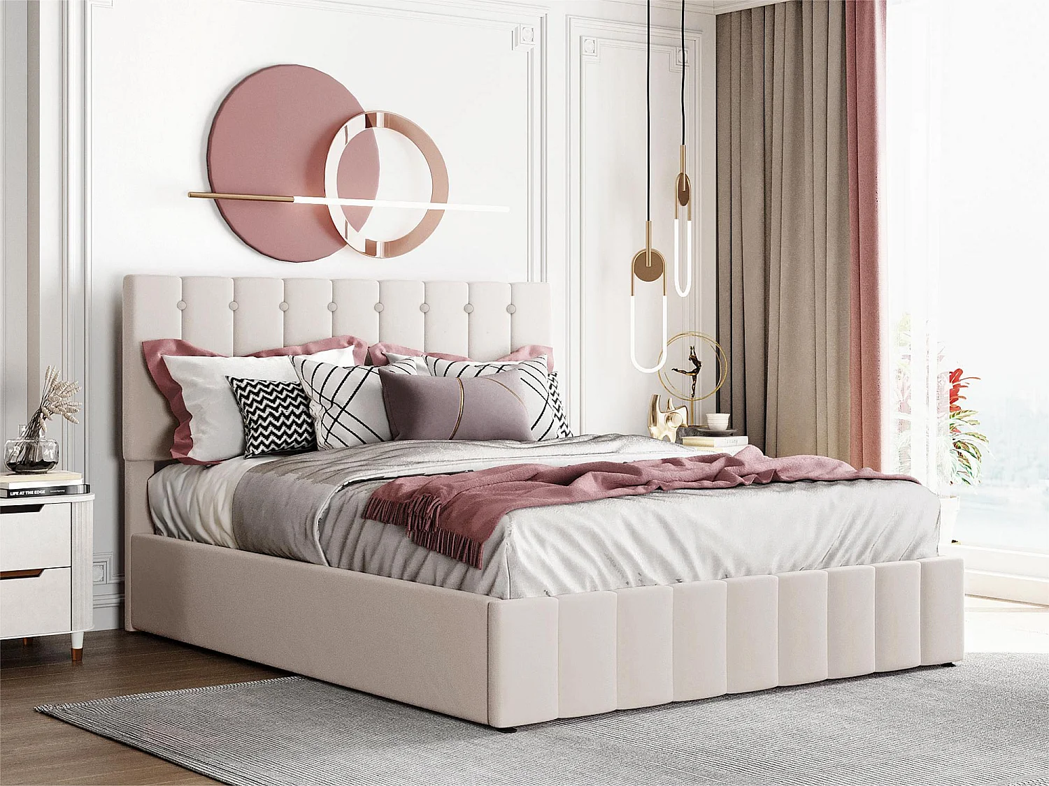 Łóżko z tapicerowanym stelażem - 140x200cm - materiał aksamitny - Beżowy 1398915 - obrazek 1