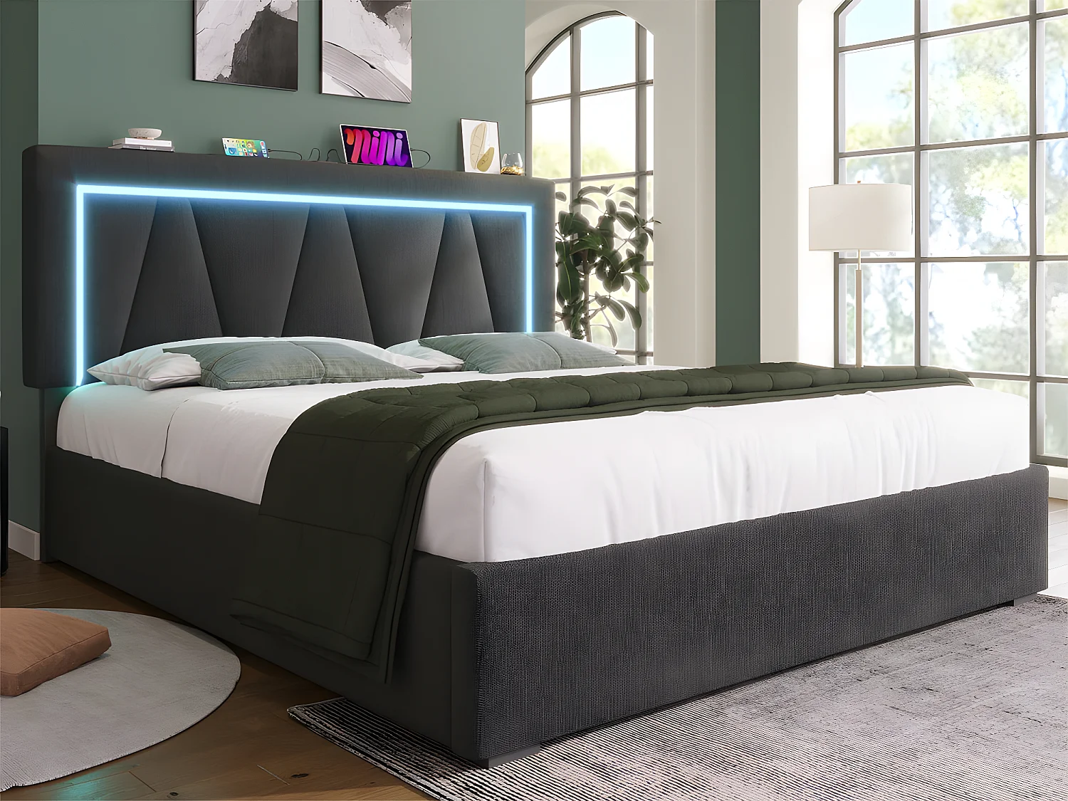 Łóżko z tapicerowanym zagłówkiem 160x200cm z LED i portem ładowania USB oraz Type-C - Tkanina lniana - stelaż na listwach - Szary 1883231 - obrazek 1