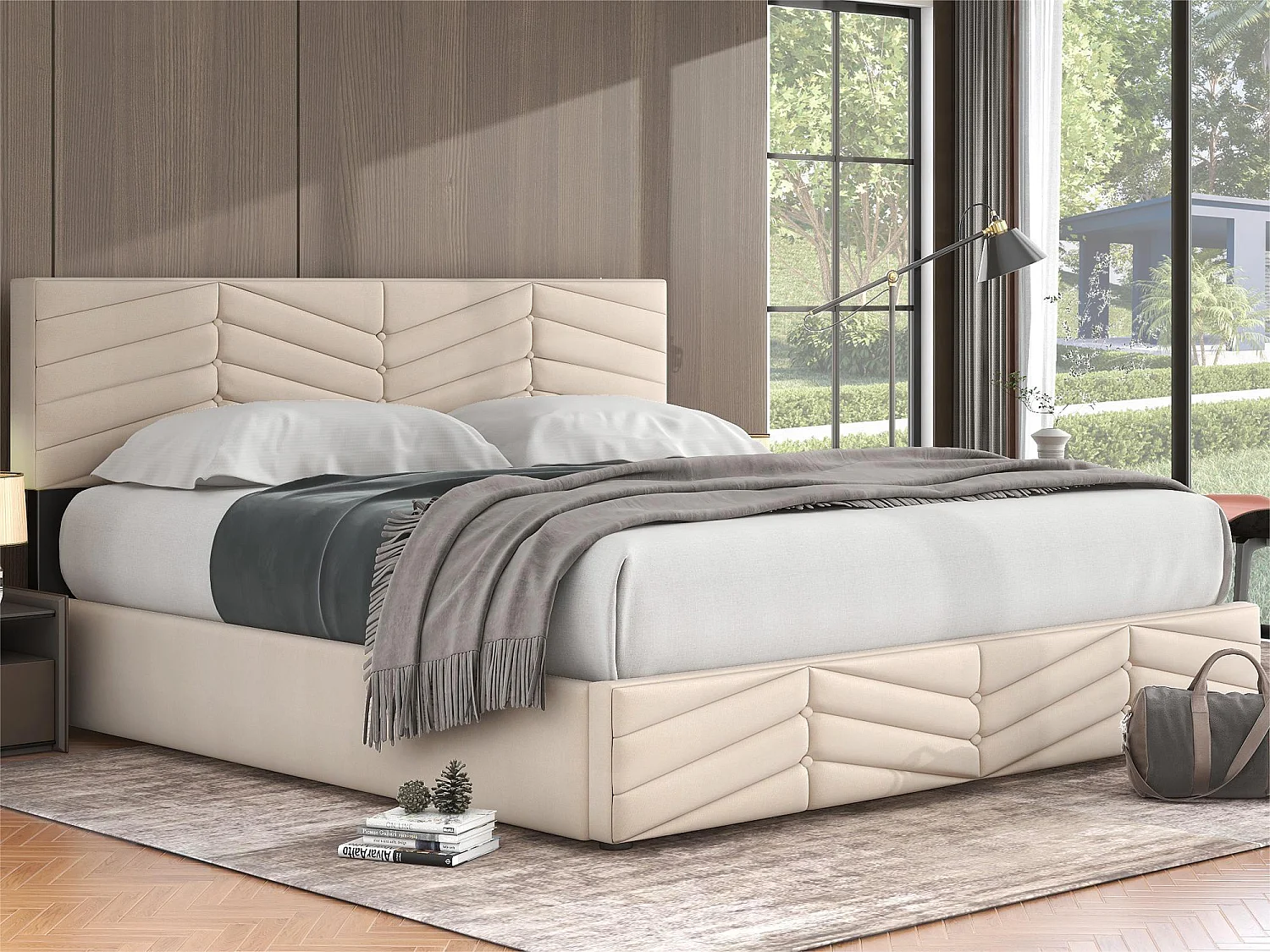 Łóżko z weluru z stelażem na listwy + regulowane wezgłowie - 180x200cm - Beżowe 1399181 - obrazek 1