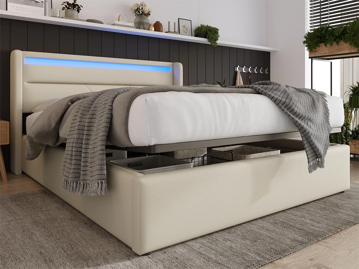 Łóżko z pojemnikiem 140x200cm z ekoskóry z LED - z stelażem na listwy - Białe 1399021 - obrazek 1