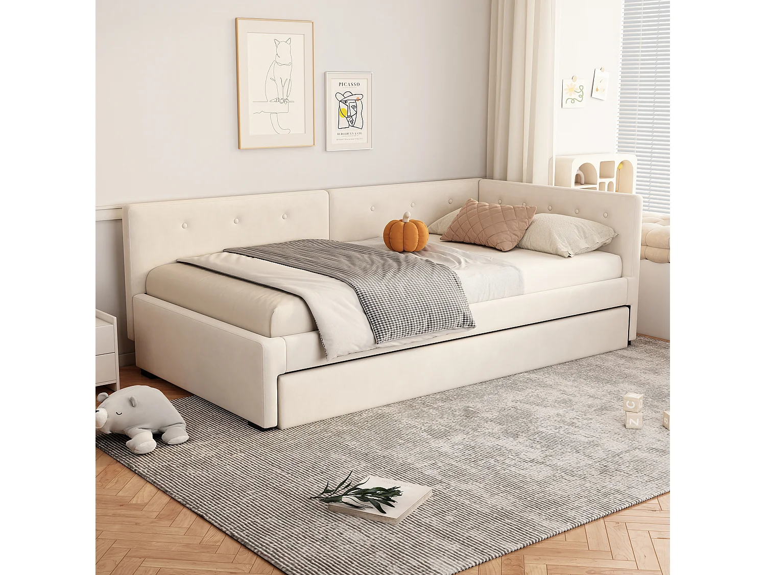 Łóżko wysuwane – 90 x 200 cm + 90 x 190 cm – z wezgłowiem – aksamit – beż 3360611